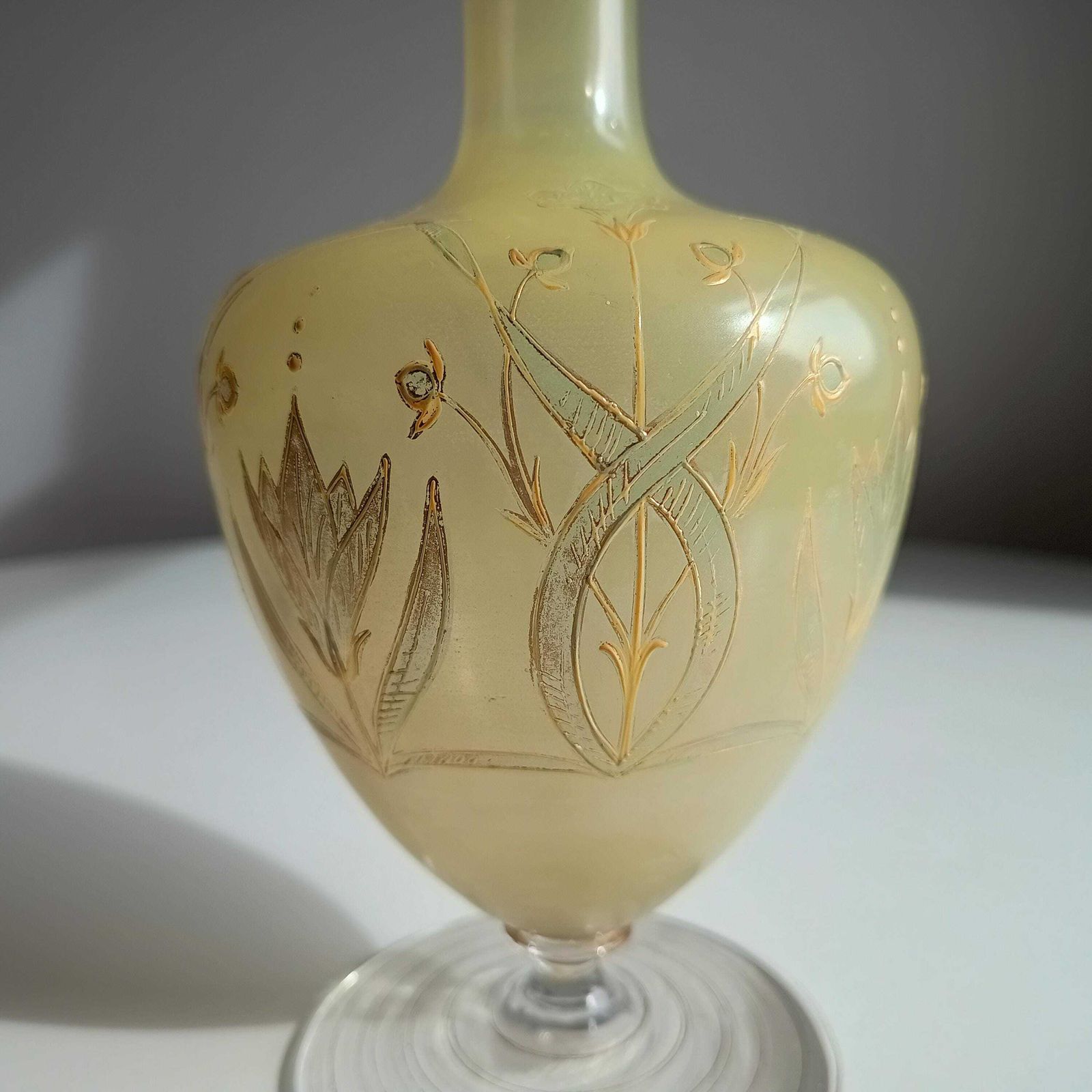 Antique Harrach Belle Epoque Japonisme Gold Paste Enamel Glass Vase: Quatrefoil Geometric Mouth. photo vintage