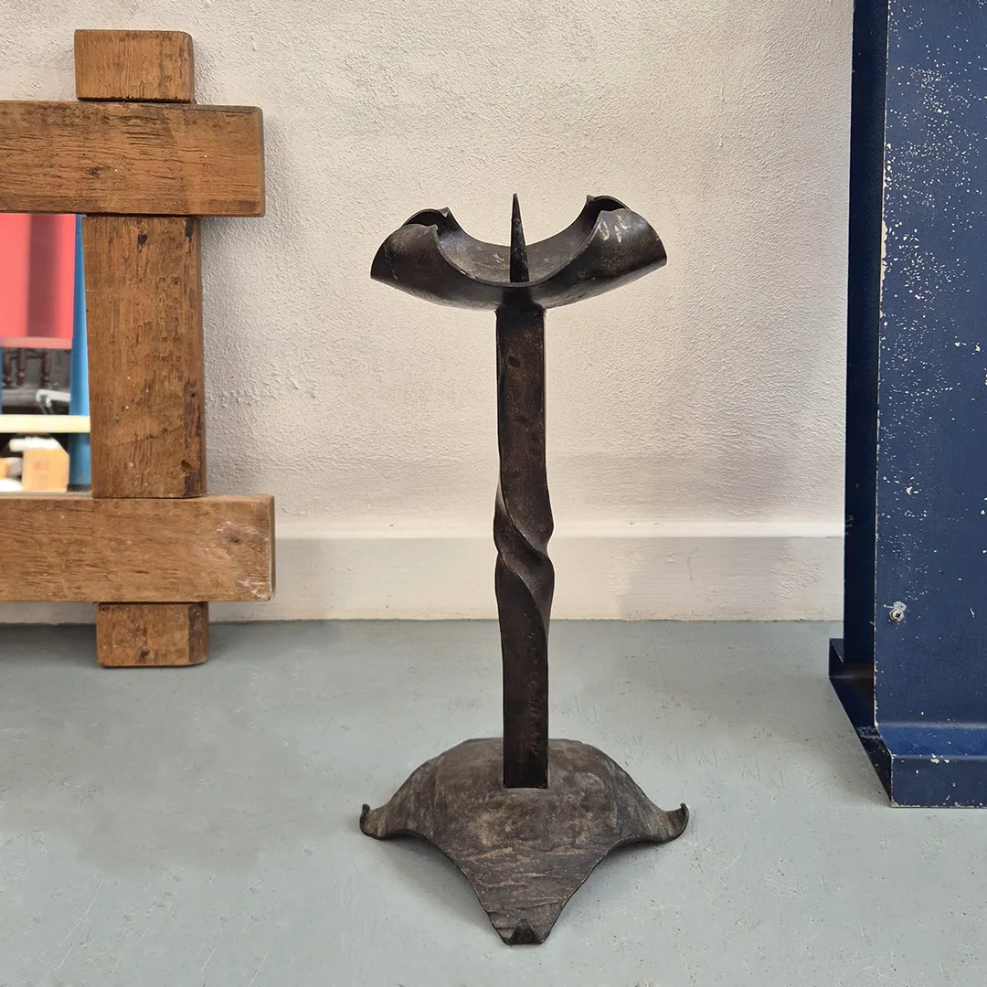 1970's Brutalist Candle Holder: Tall Metal Mid Century Hand Forged Artist Made Piece
