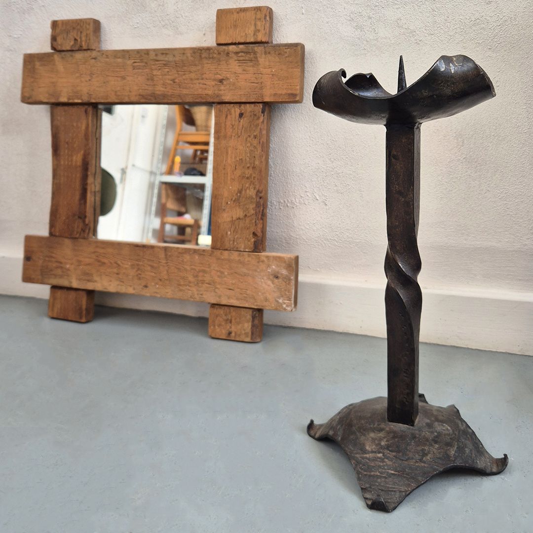 1970's Brutalist Candle Holder: Tall Metal Mid Century Hand Forged Artist Made Piece photo for sale