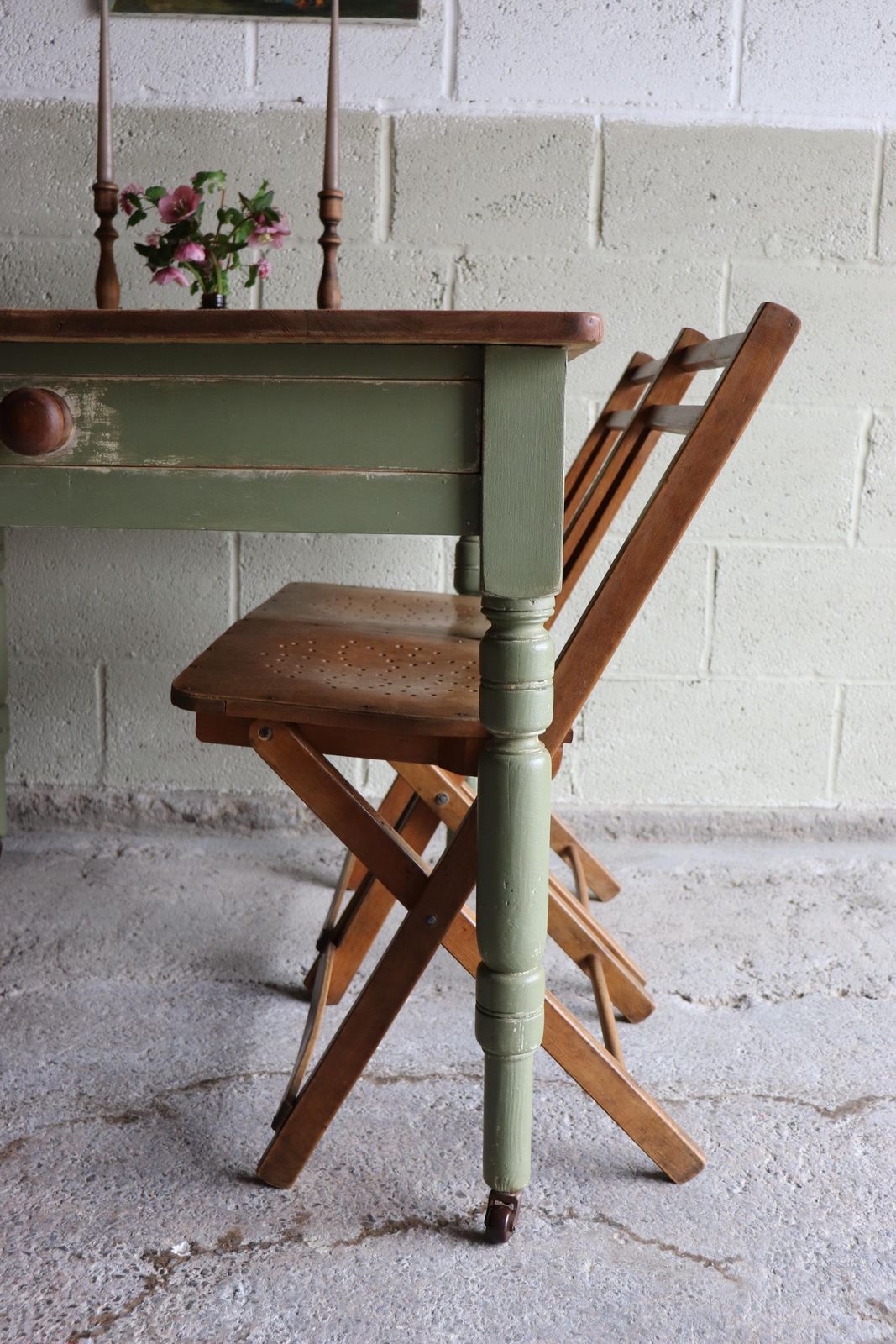 Vintage Pine Farmhouse Table On Castors With Olive Green Paint Finish And Cutlery Drawer photo 750.0