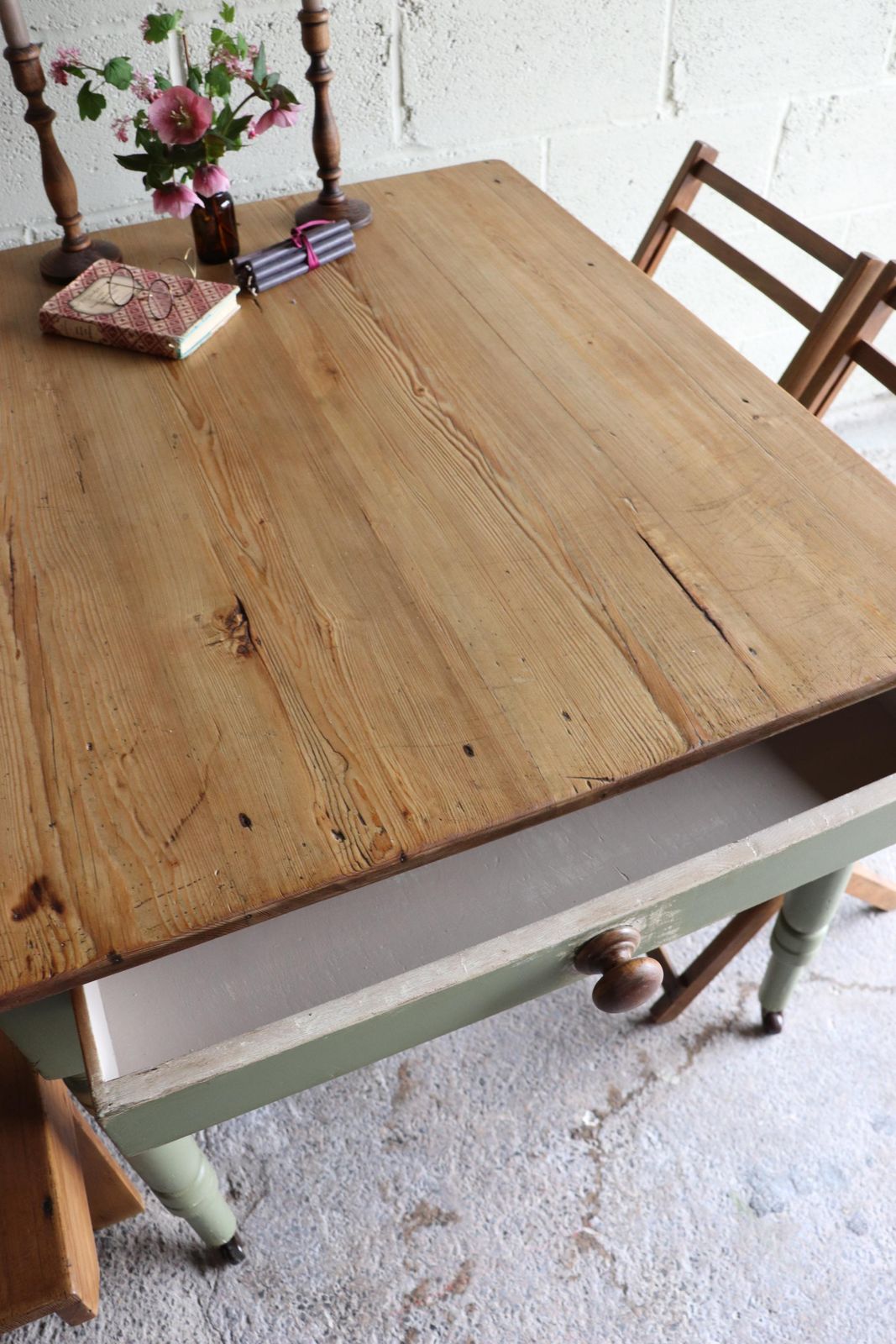 Vintage Pine Farmhouse Table On Castors With Olive Green Paint Finish And Cutlery Drawer photo buy