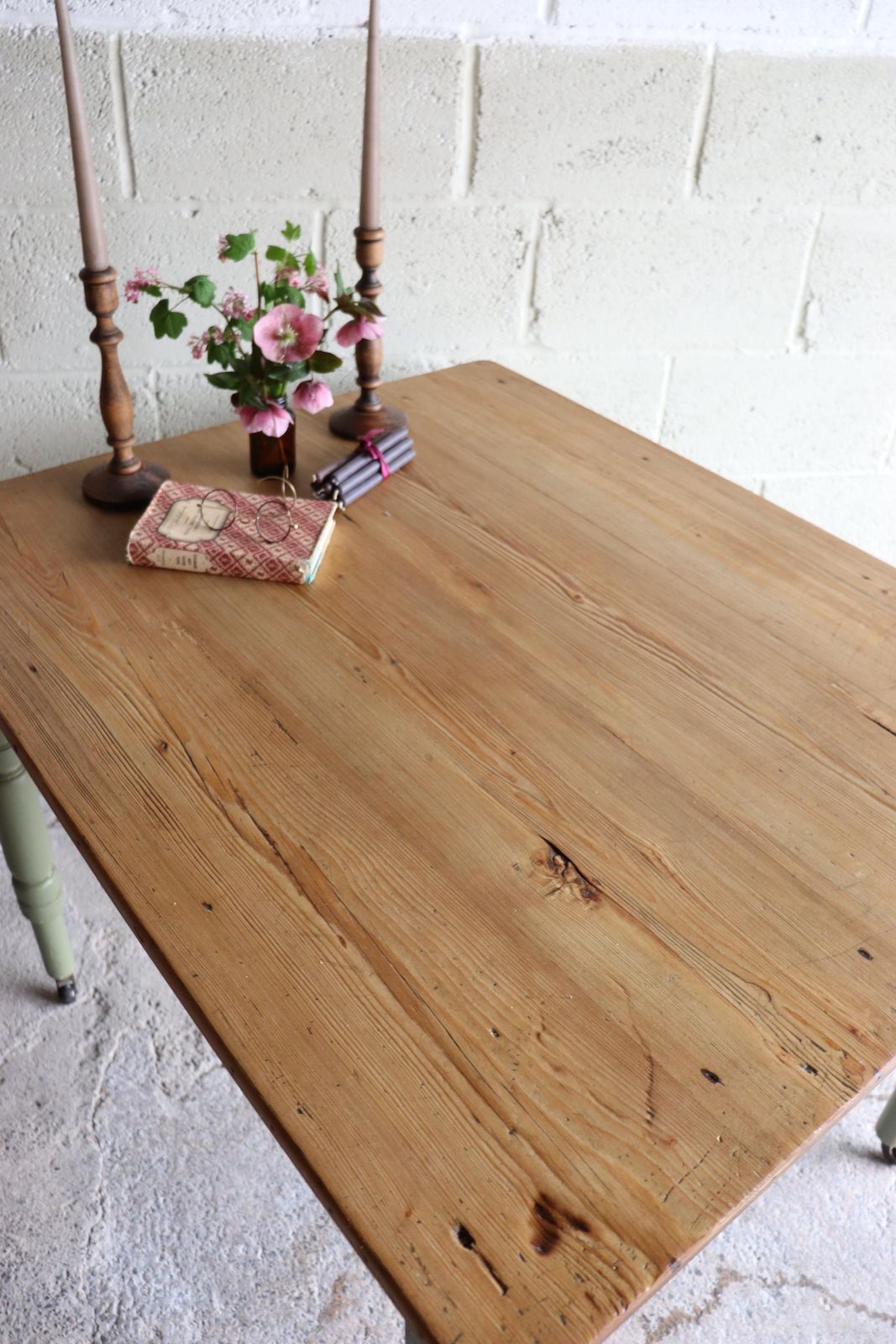 750.0 Vintage Pine Farmhouse Table On Castors With Olive Green Paint Finish And Cutlery Drawer photo