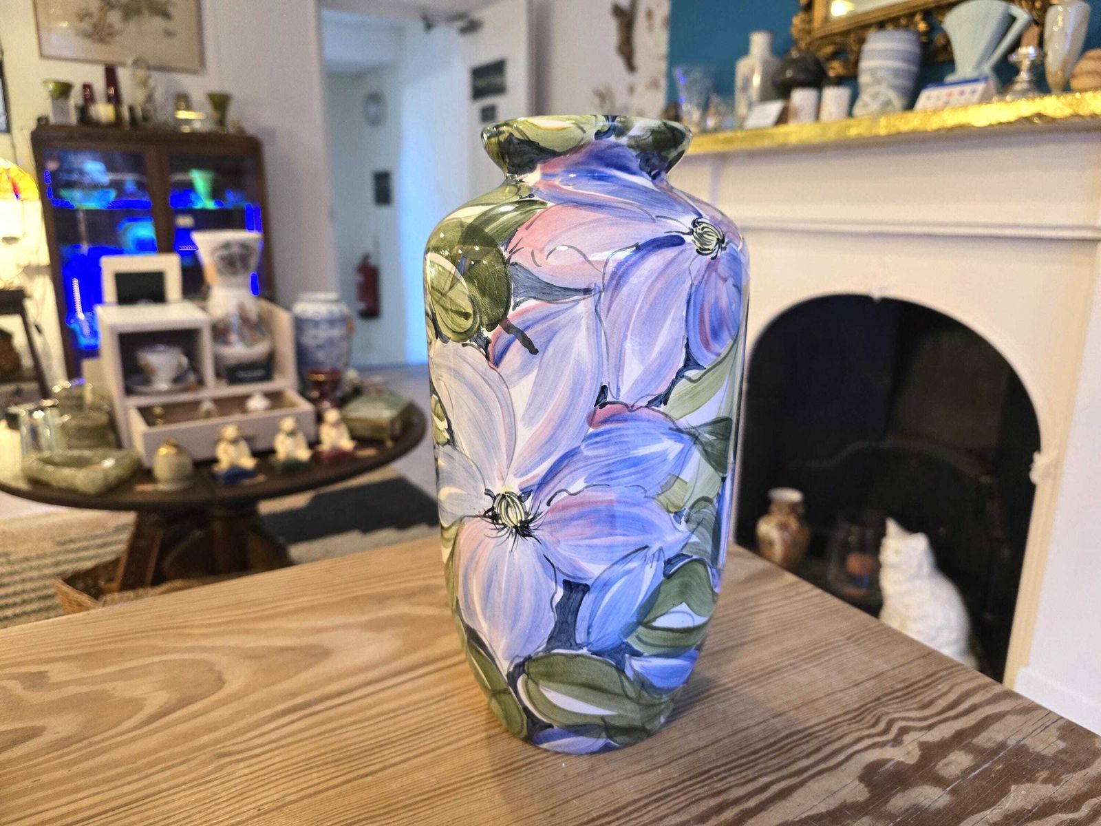 Vintage Blue Clematis Large Vase By Valerie And Ken Shelton Studio Pottery, Hand Painted