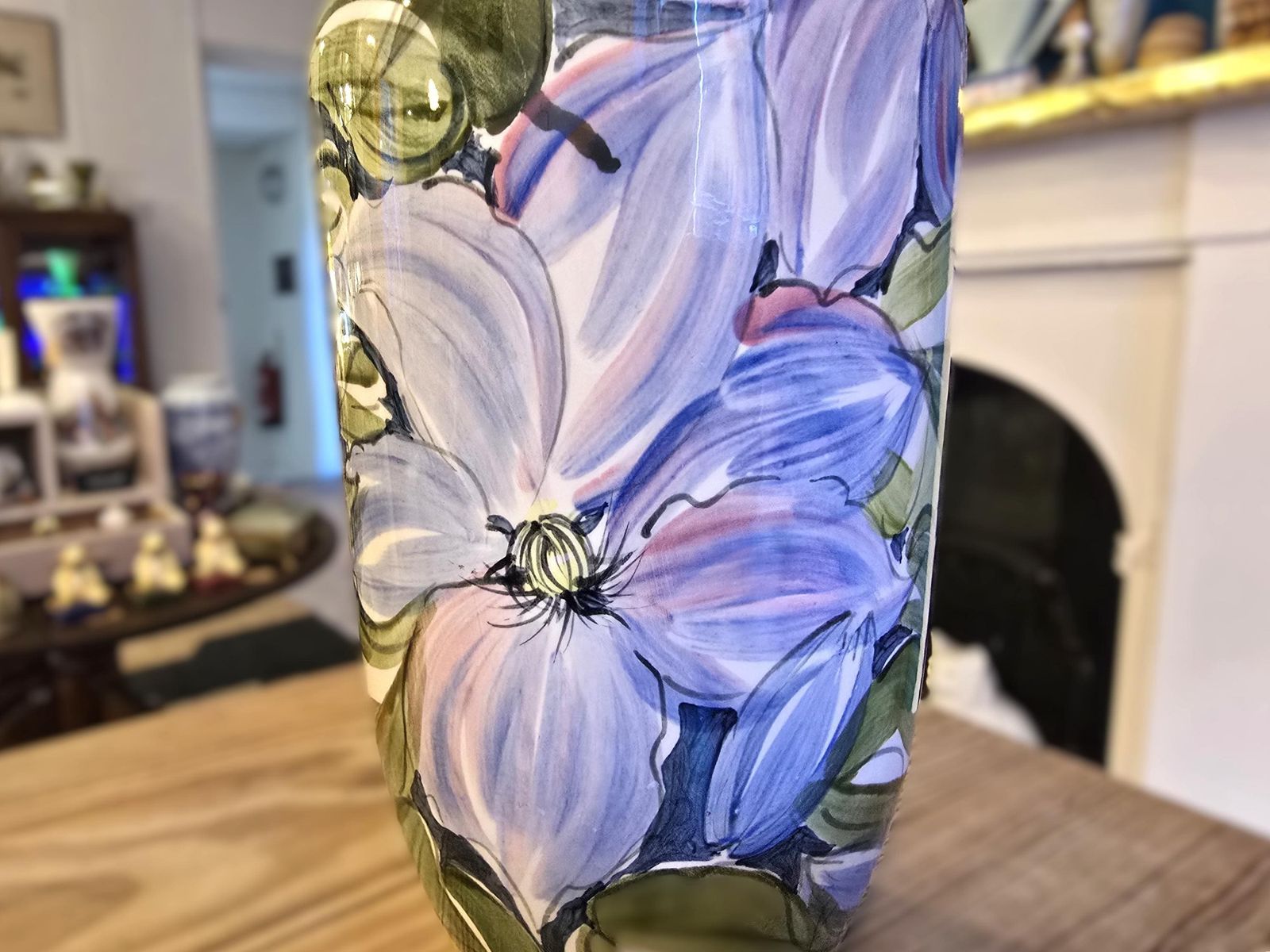 Vintage Blue Clematis Large Vase By Valerie And Ken Shelton Studio Pottery, Hand Painted photo buy