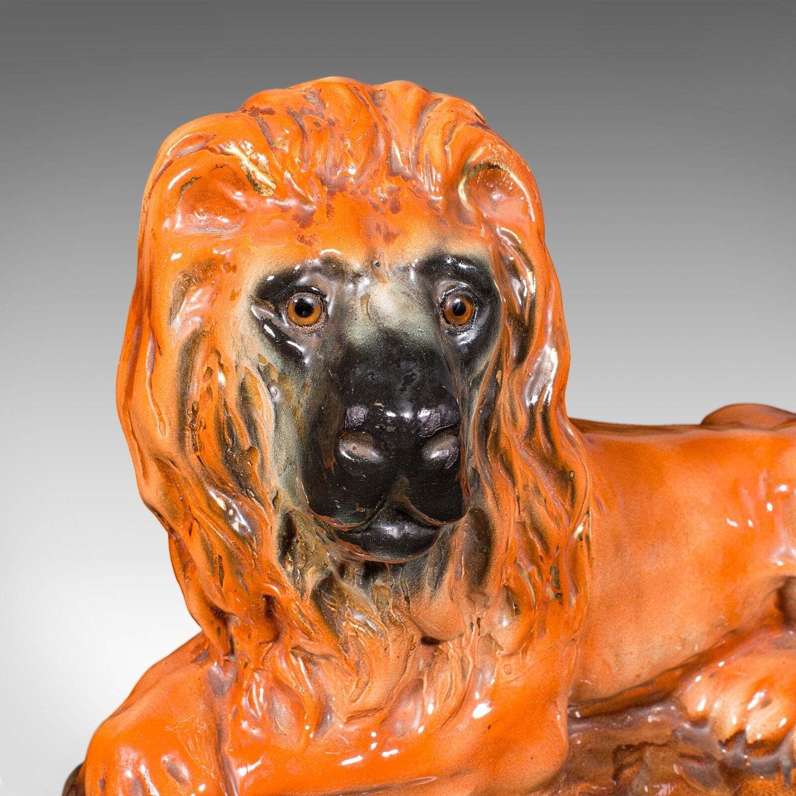 photo for sale Pair Of Antique Recumbent Lions, English, Ceramic, Bookends, Victorian, C.1900