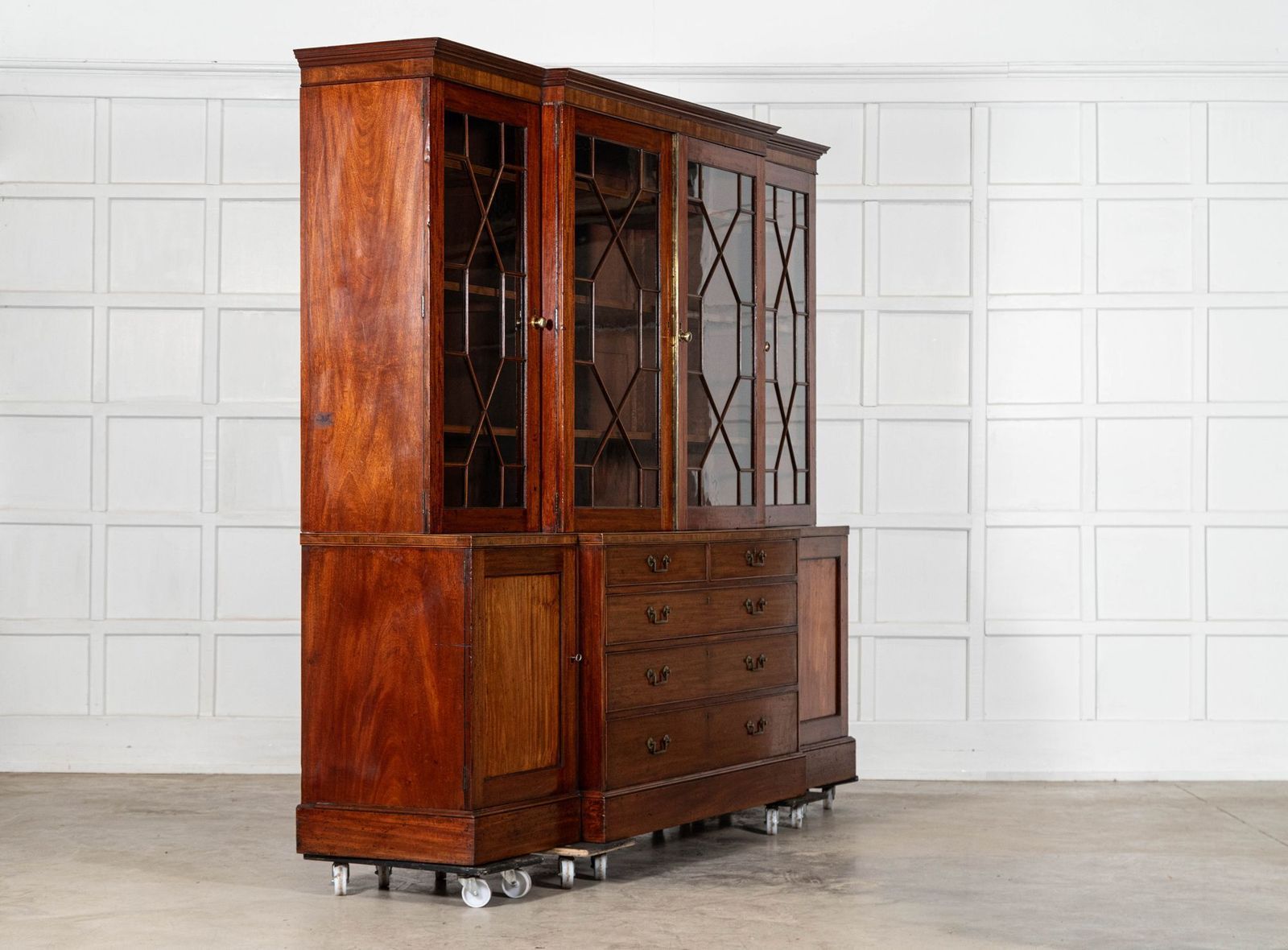 Monumental English Mahogany Breakfront Inlaid Glazed Bookcase photo for sale