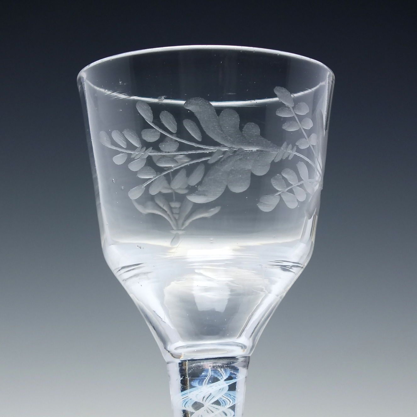 18th Century Engraved Opaque Twist Wine Glass C1760 photo for sale