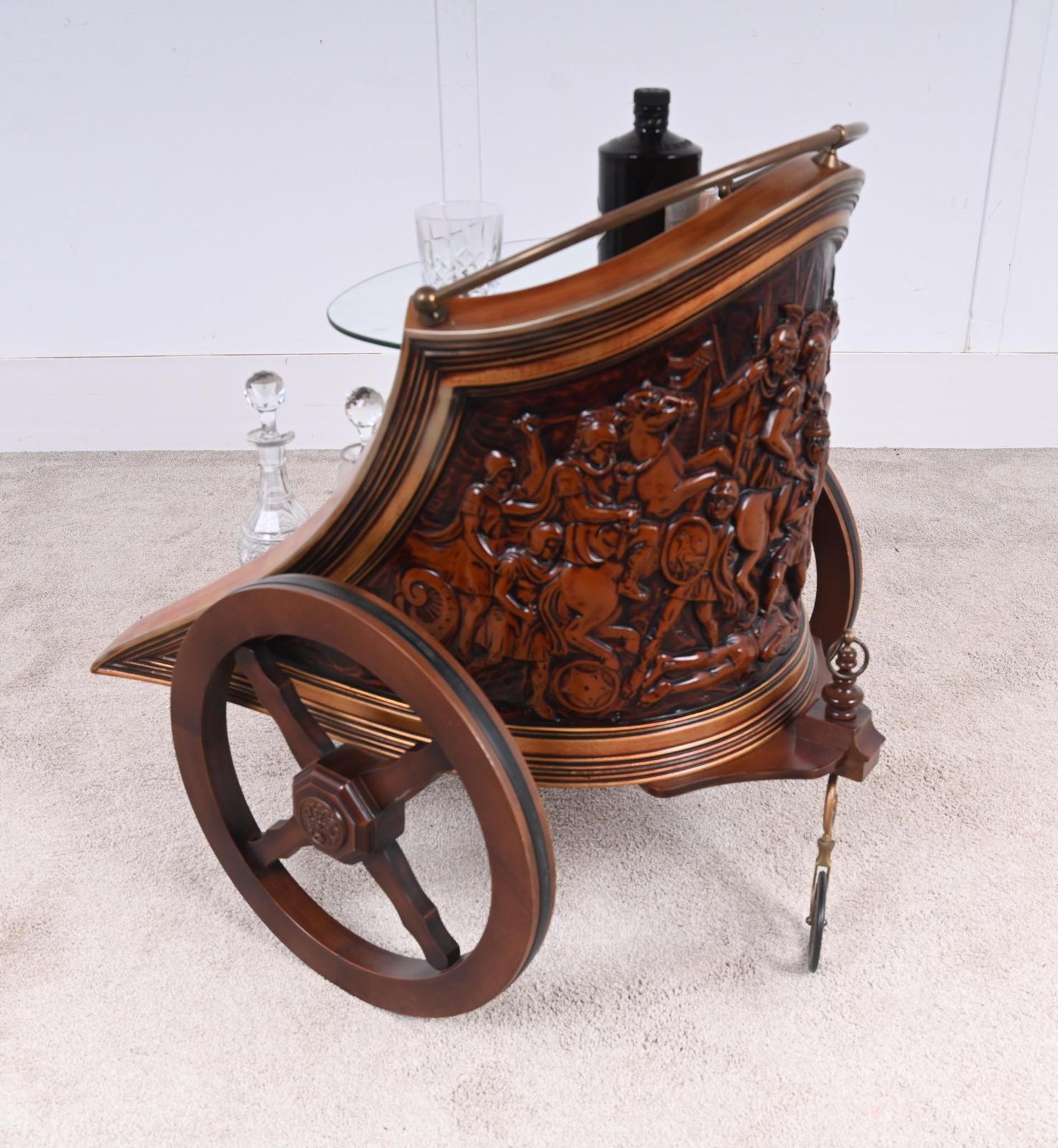 Furniture Mahogany Drinks Trolley Chariot Bar Cart Carved 1920 photo