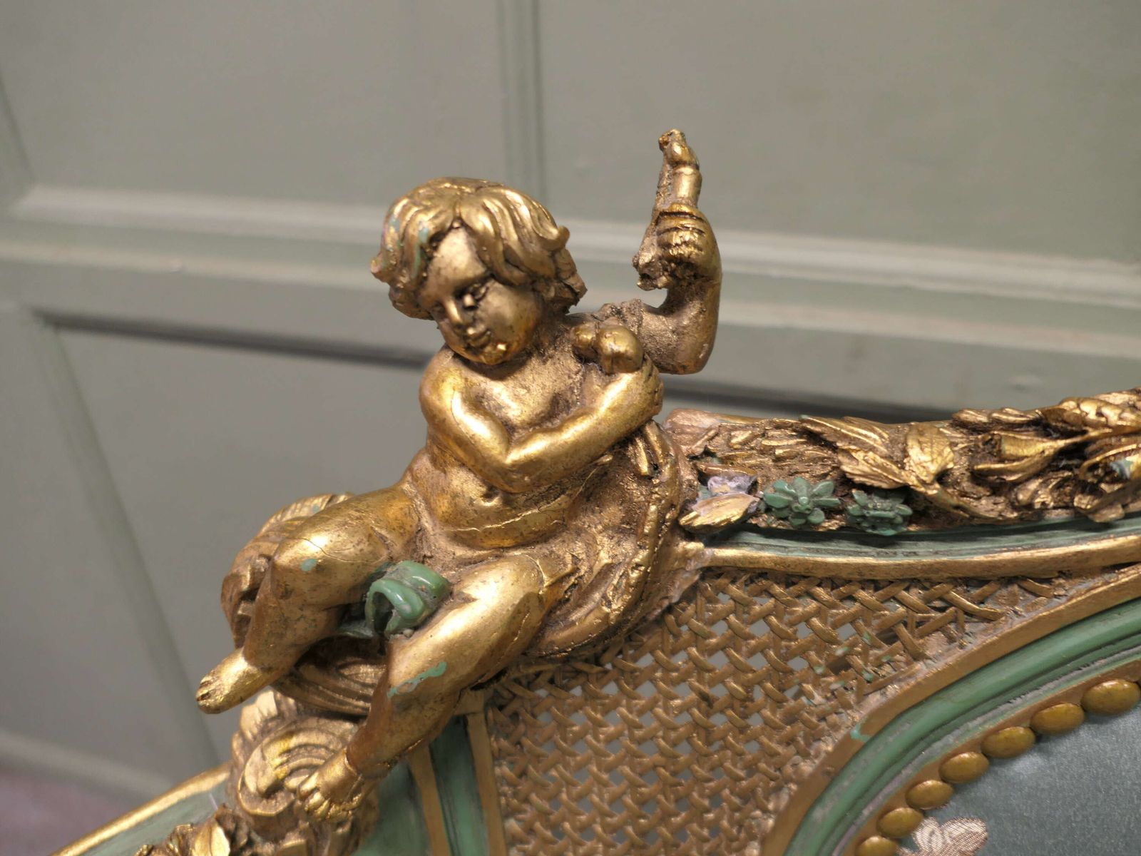 French Green And Gold Boudoir Settee, Silk Love Seat photo Furniture