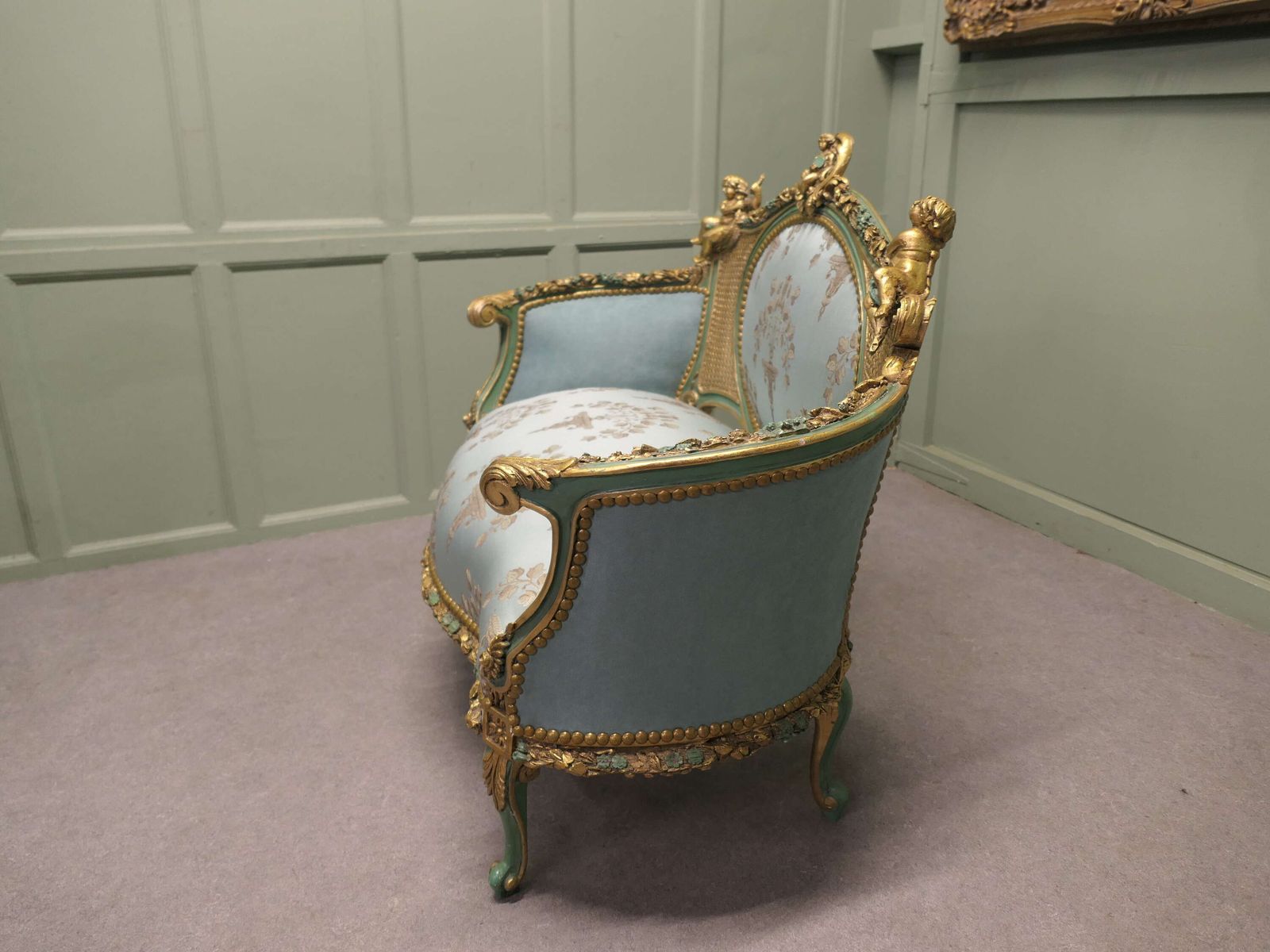 French Green And Gold Boudoir Settee, Silk Love Seat photo 2220.0