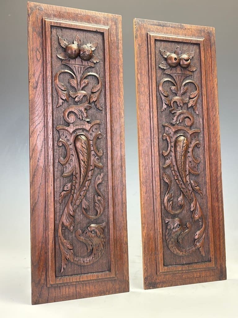 Pair Of 18th Century English Carved Oak Panels With Mystic Dolphins photo for sale