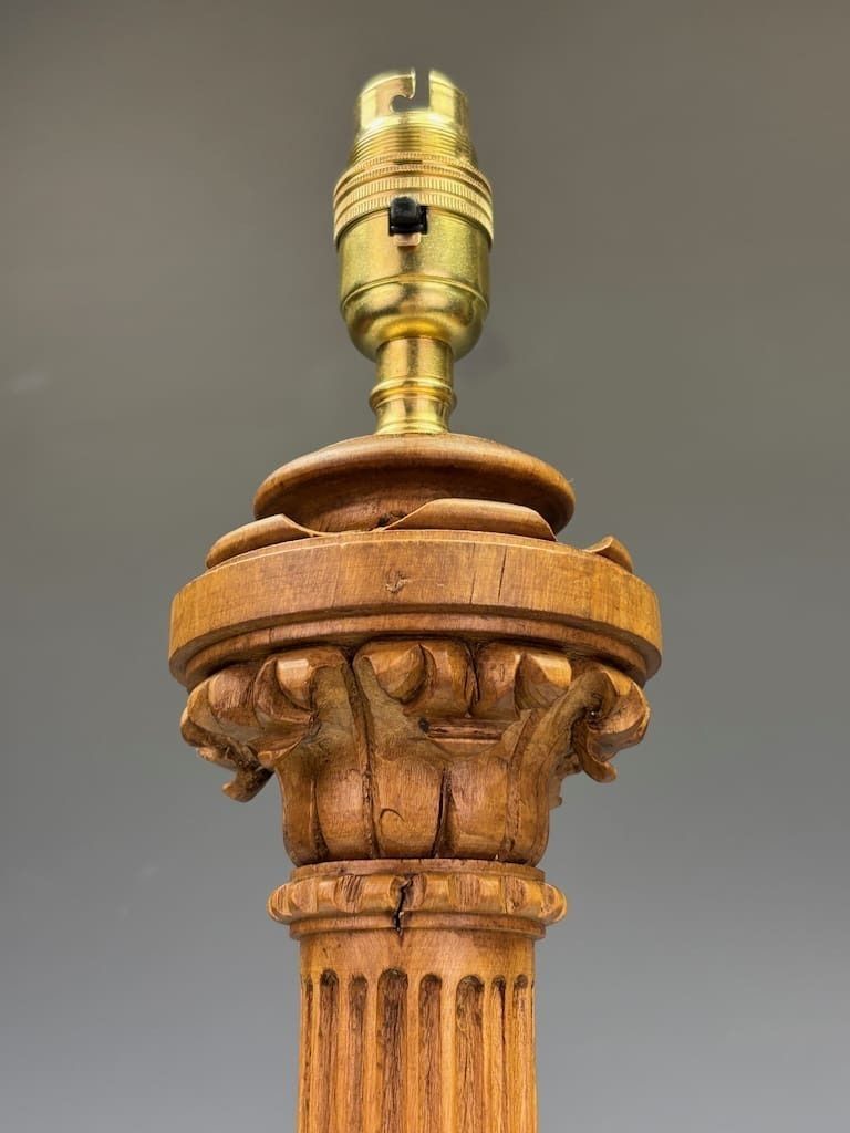 Antique Carved Oak Corinthian Column Table Lamp C.1920 – Neoclassical Revival Lighting photo 325.0