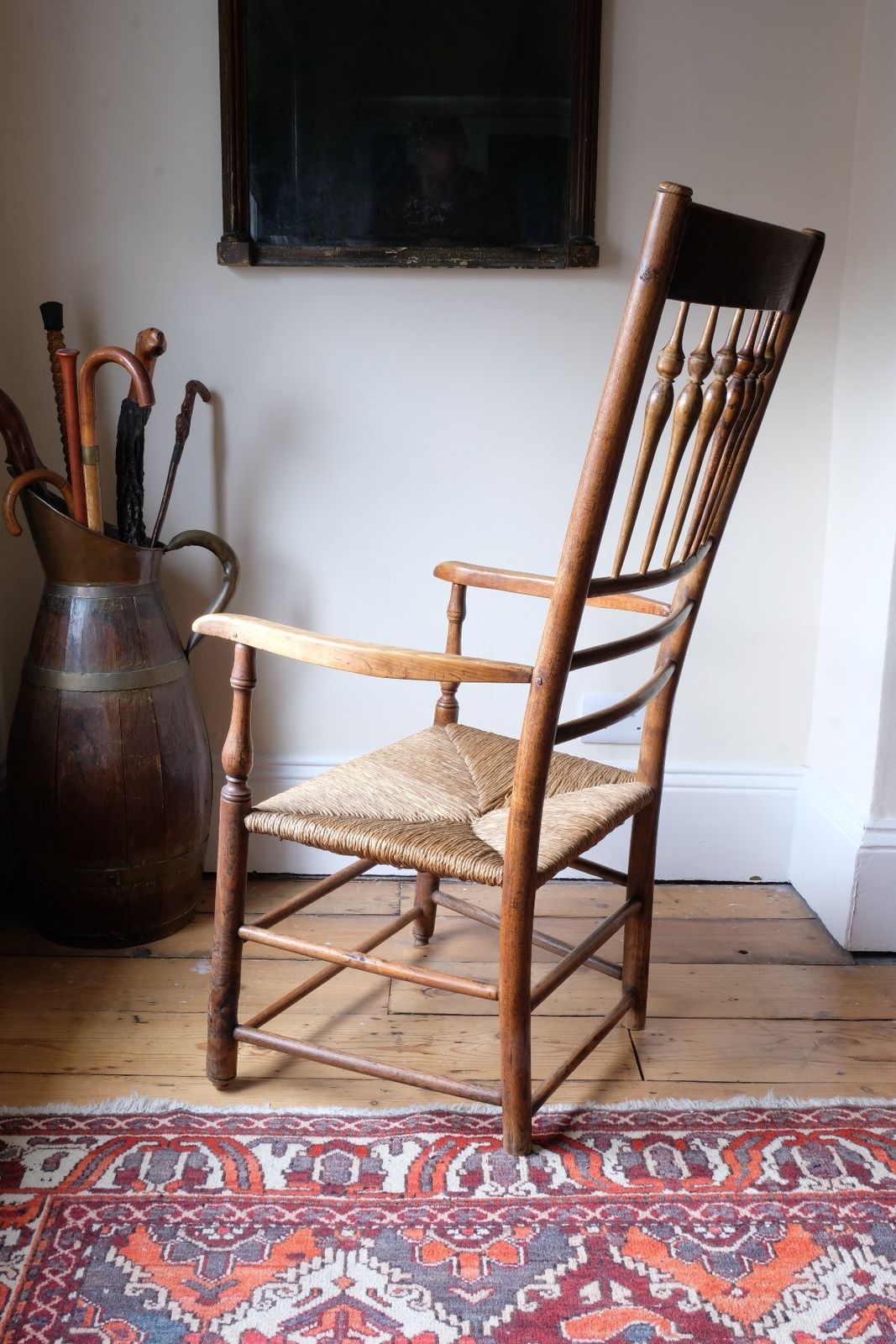 Philip Clissett Arts & Crafts Ash Rush Seat Spindle Back Armchair, Herefordshire Circa 1890 photo vintage