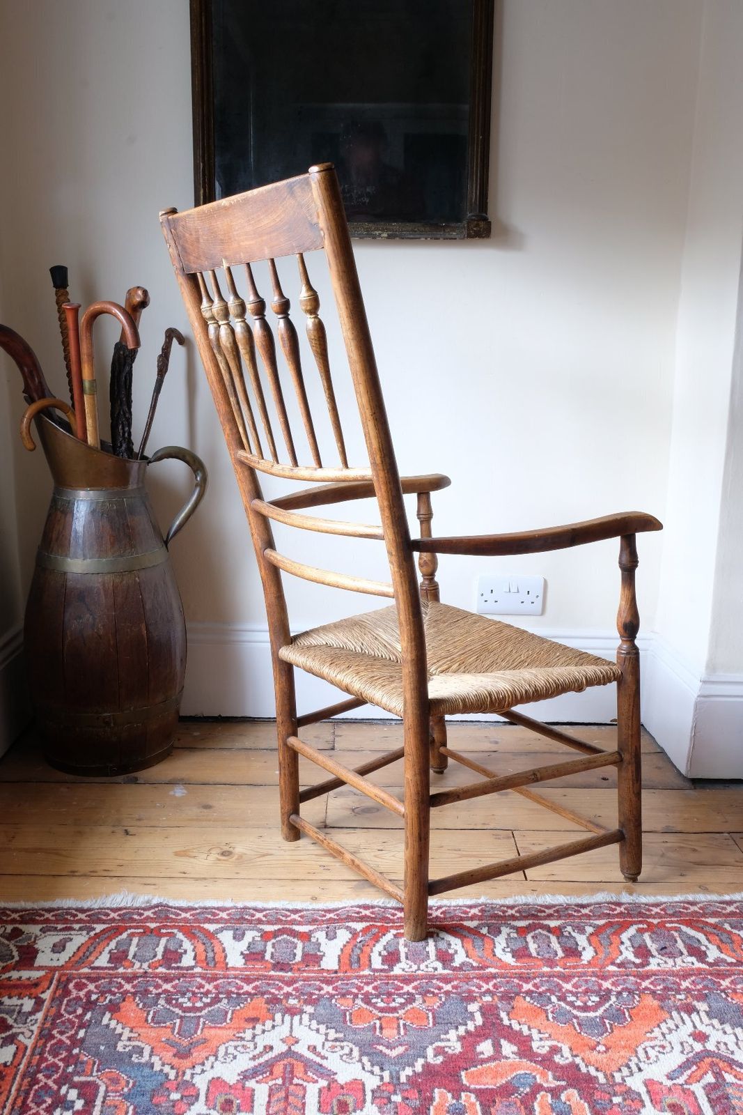 photo furniture Philip Clissett Arts & Crafts Ash Rush Seat Spindle Back Armchair, Herefordshire Circa 1890