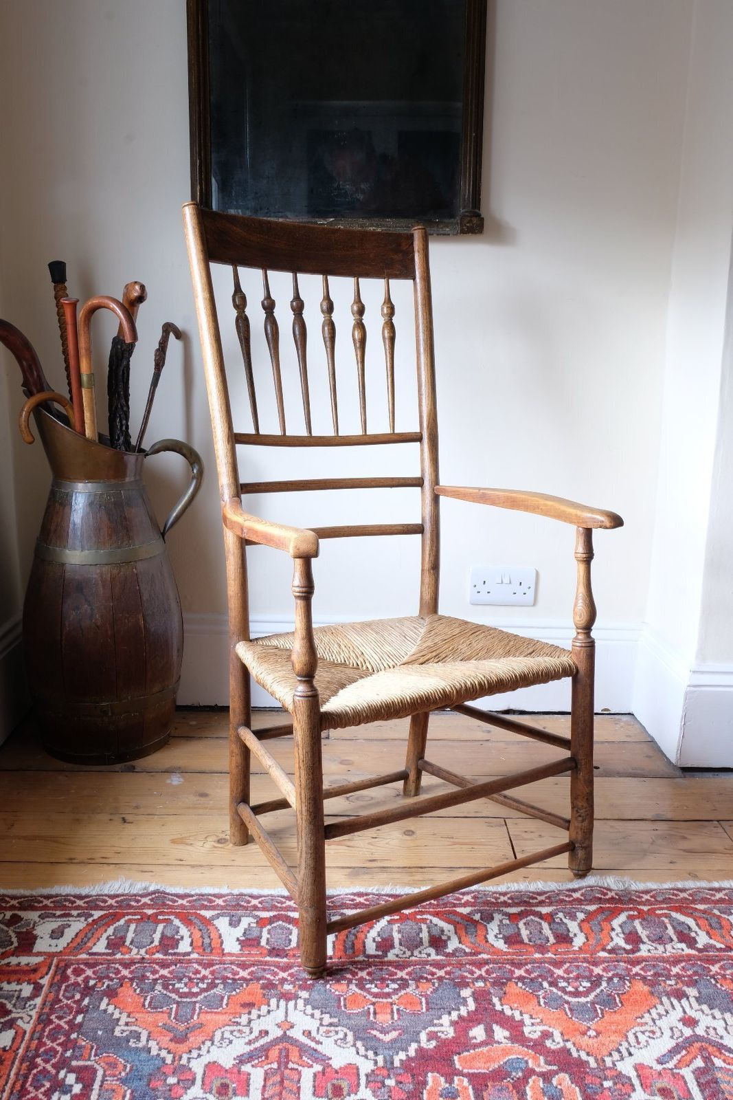Furniture Philip Clissett Arts & Crafts Ash Rush Seat Spindle Back Armchair, Herefordshire Circa 1890 photo