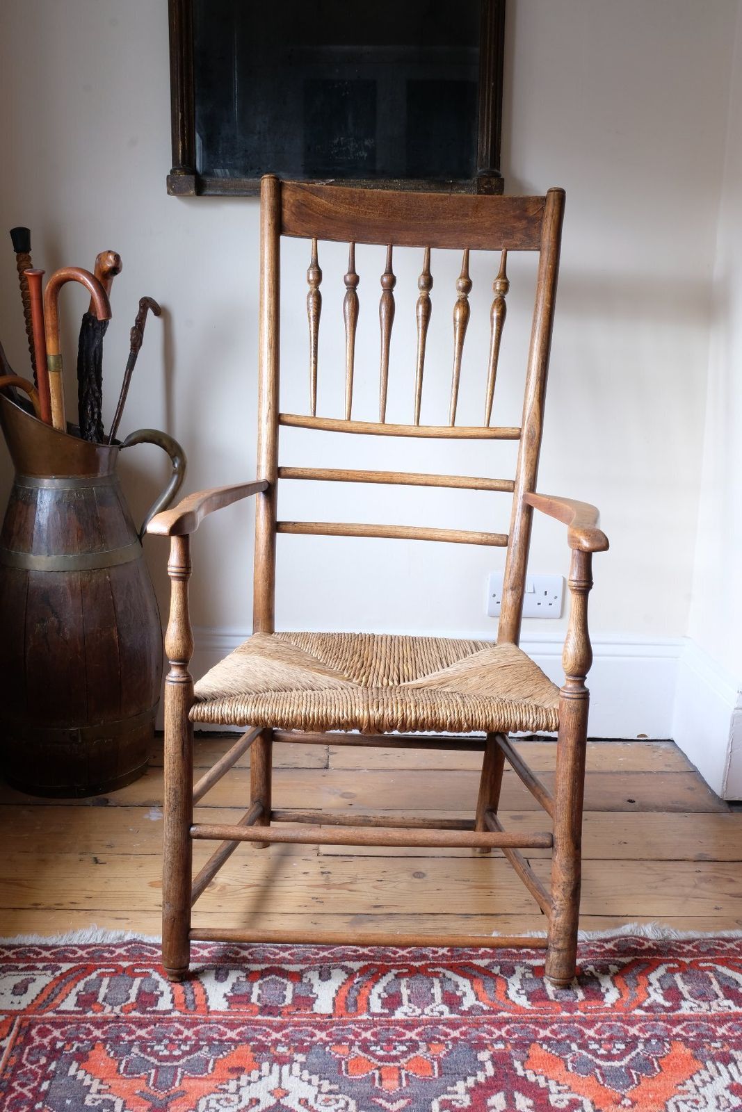 photo vinterior Philip Clissett Arts & Crafts Ash Rush Seat Spindle Back Armchair, Herefordshire Circa 1890