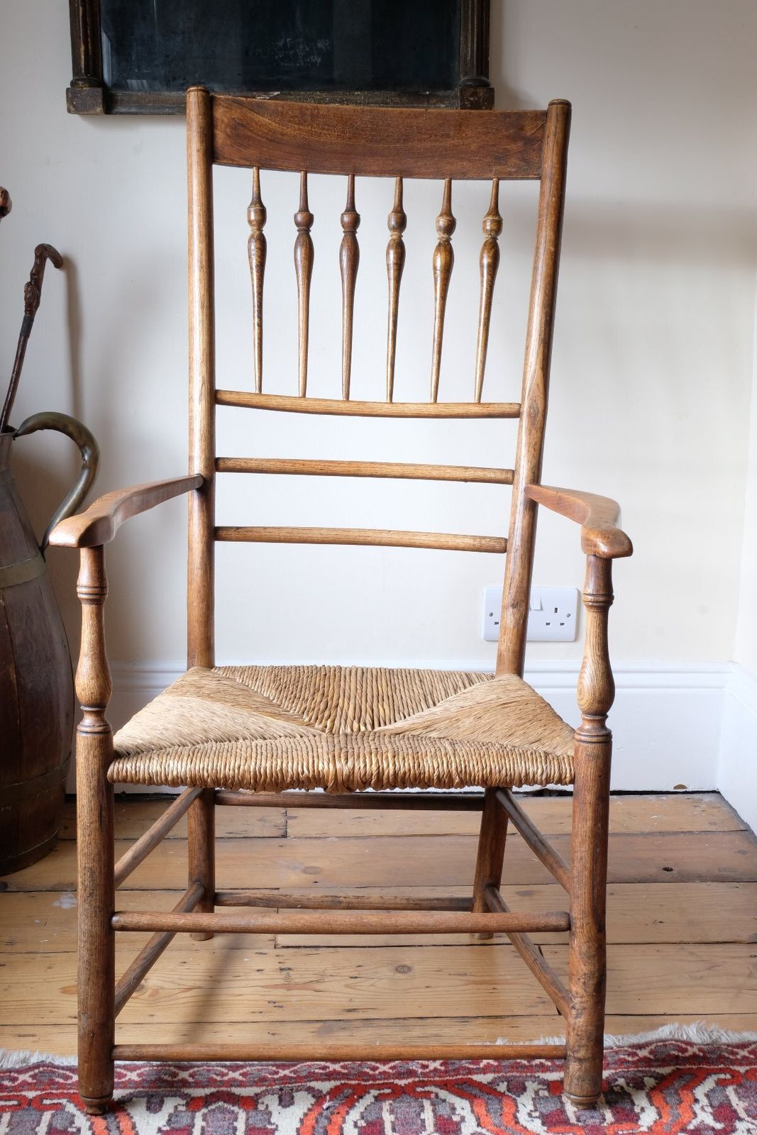 photo buy Philip Clissett Arts & Crafts Ash Rush Seat Spindle Back Armchair, Herefordshire Circa 1890