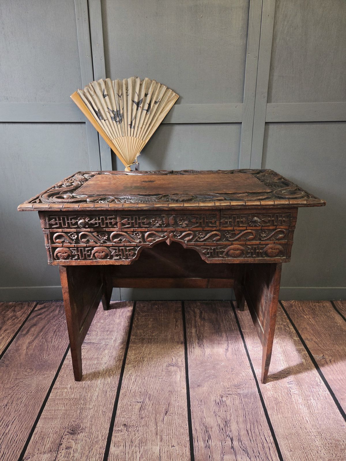Antique Japanese Meiji Period Folding Scholar’s Desk – Carved Keyaki Wood Scribe C.1890