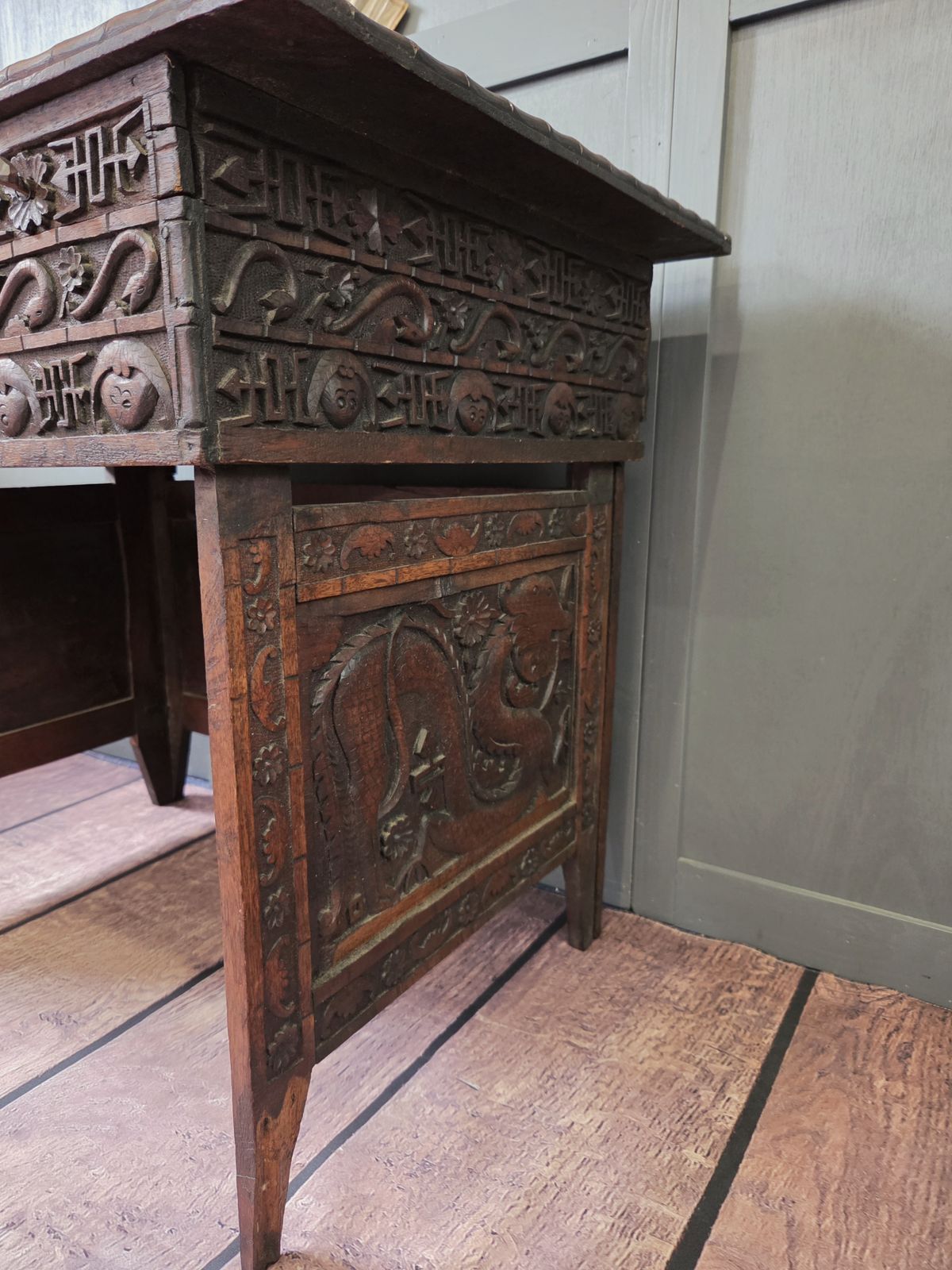 Antique Japanese Meiji Period Folding Scholar’s Desk – Carved Keyaki Wood Scribe C.1890 photo for sale