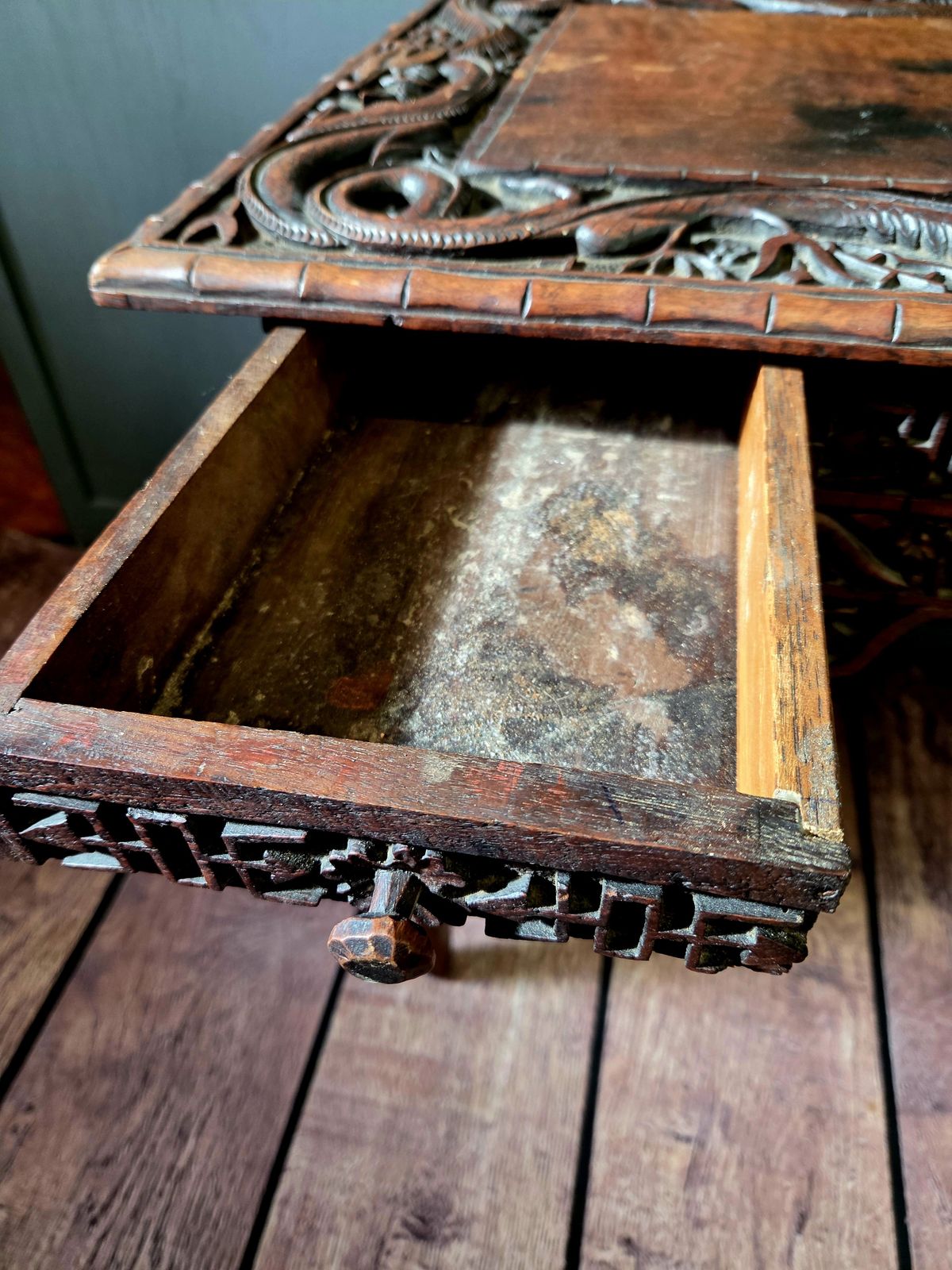 Antique Japanese Meiji Period Folding Scholar’s Desk – Carved Keyaki Wood Scribe C.1890 photo vinterior