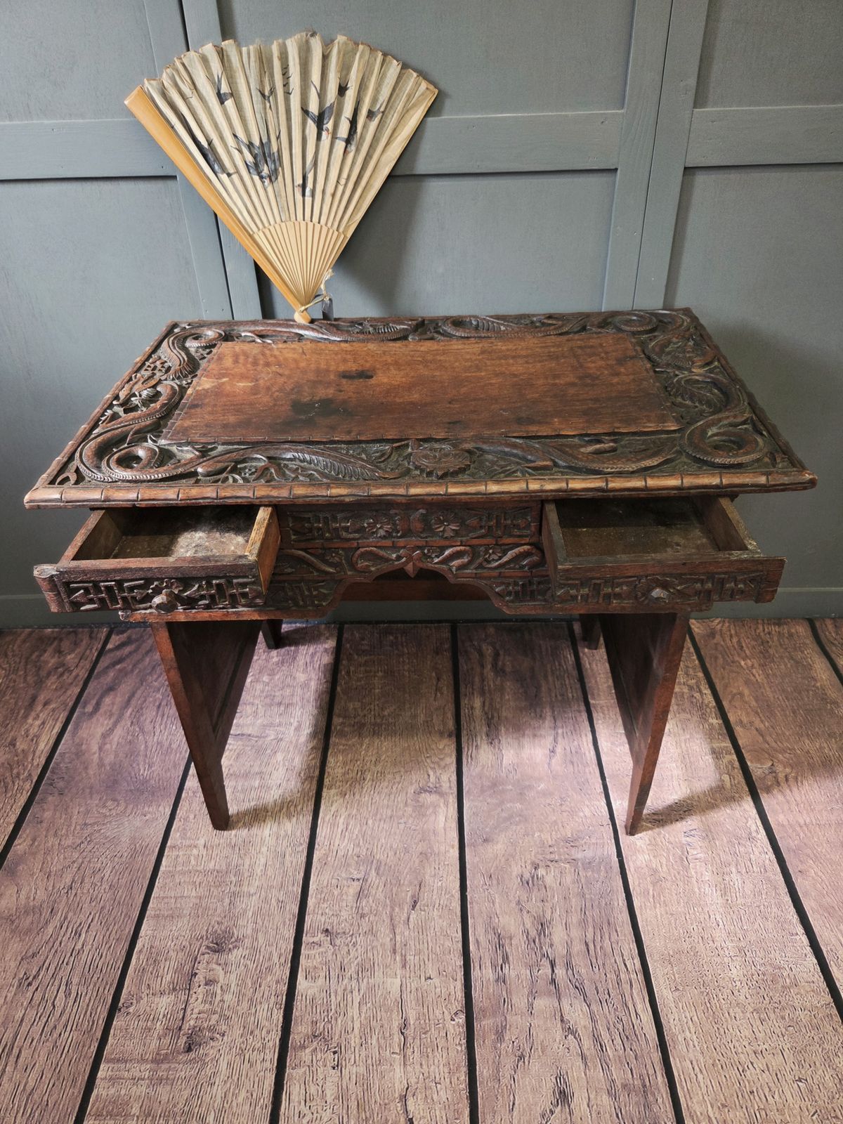 Antique Japanese Meiji Period Folding Scholar’s Desk – Carved Keyaki Wood Scribe C.1890 photo buy