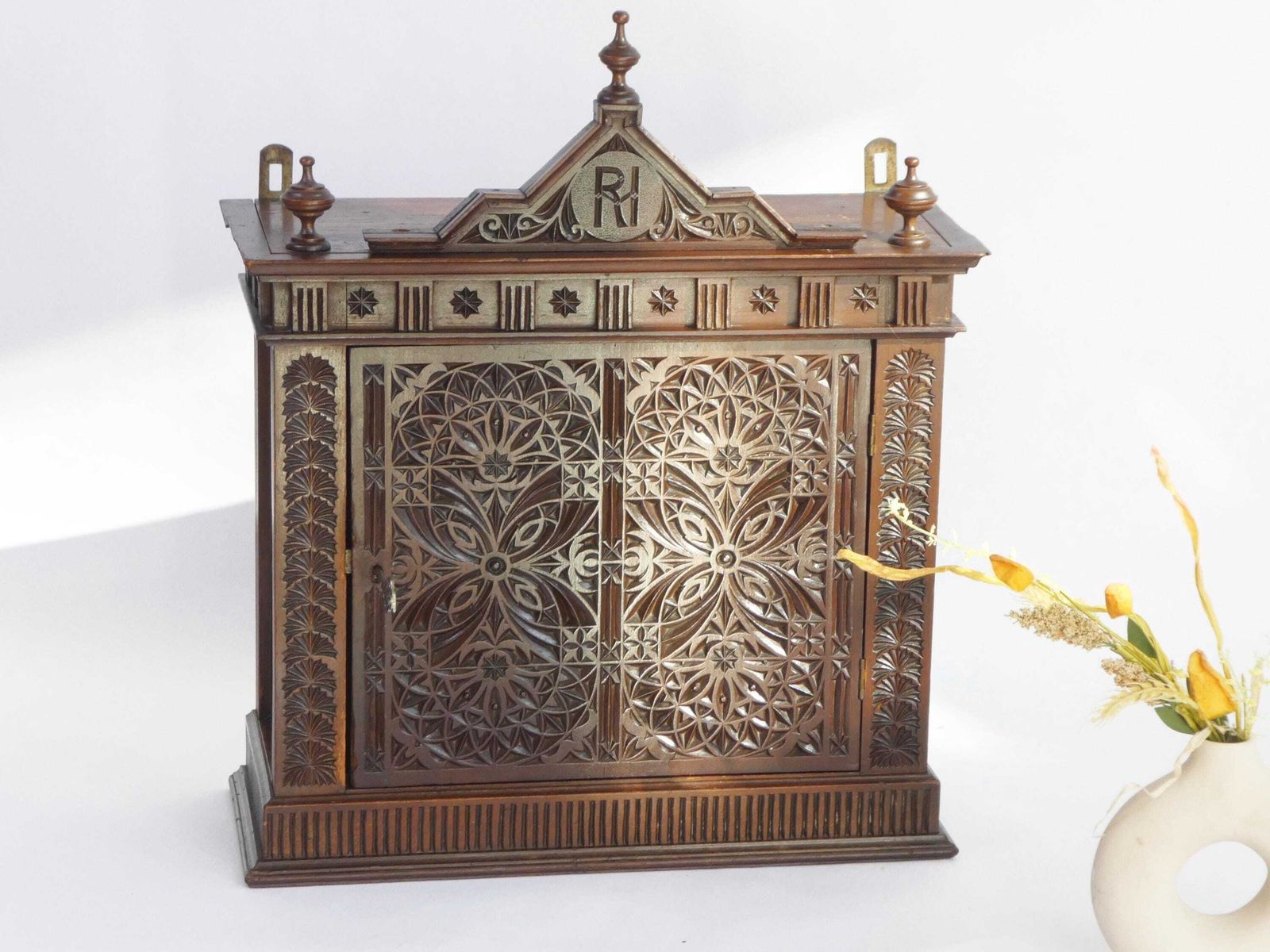 Art Nouveau Cabinet With Gothic Elements, Antique Wooden Altar Chip Carved, Old Shrine 1900's photo for sale