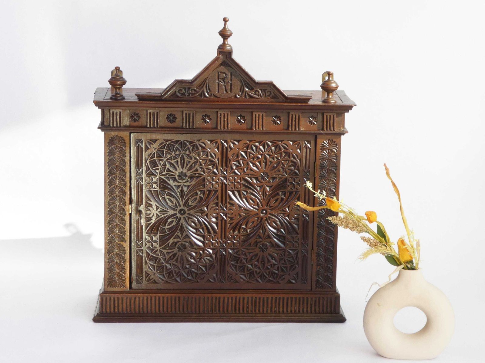 Art Nouveau Cabinet With Gothic Elements, Antique Wooden Altar Chip Carved, Old Shrine 1900's photo vintage