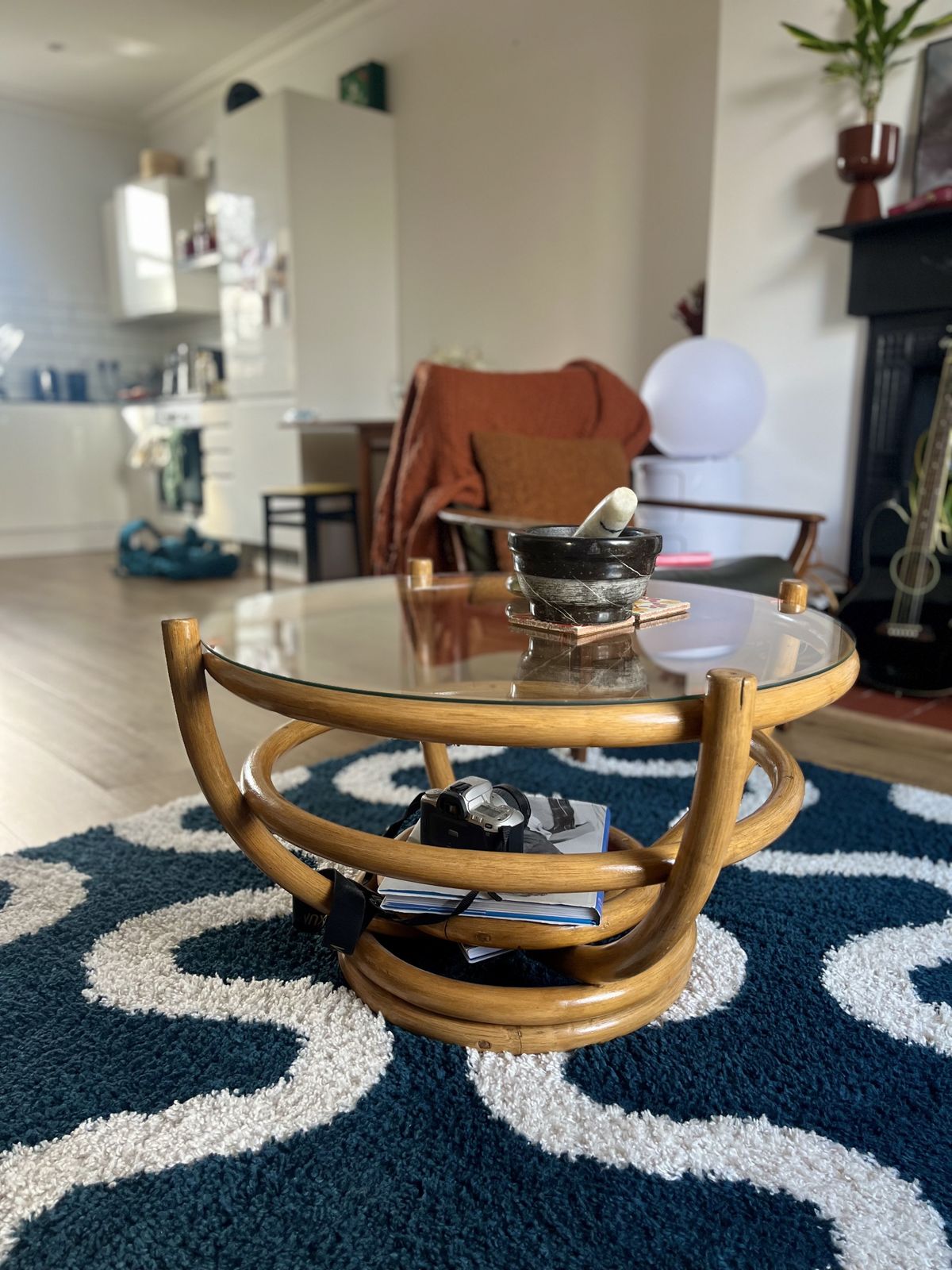 1960s Angraves Bamboo & Glass Coffee Table – Round Boho Mid Century photo furniture