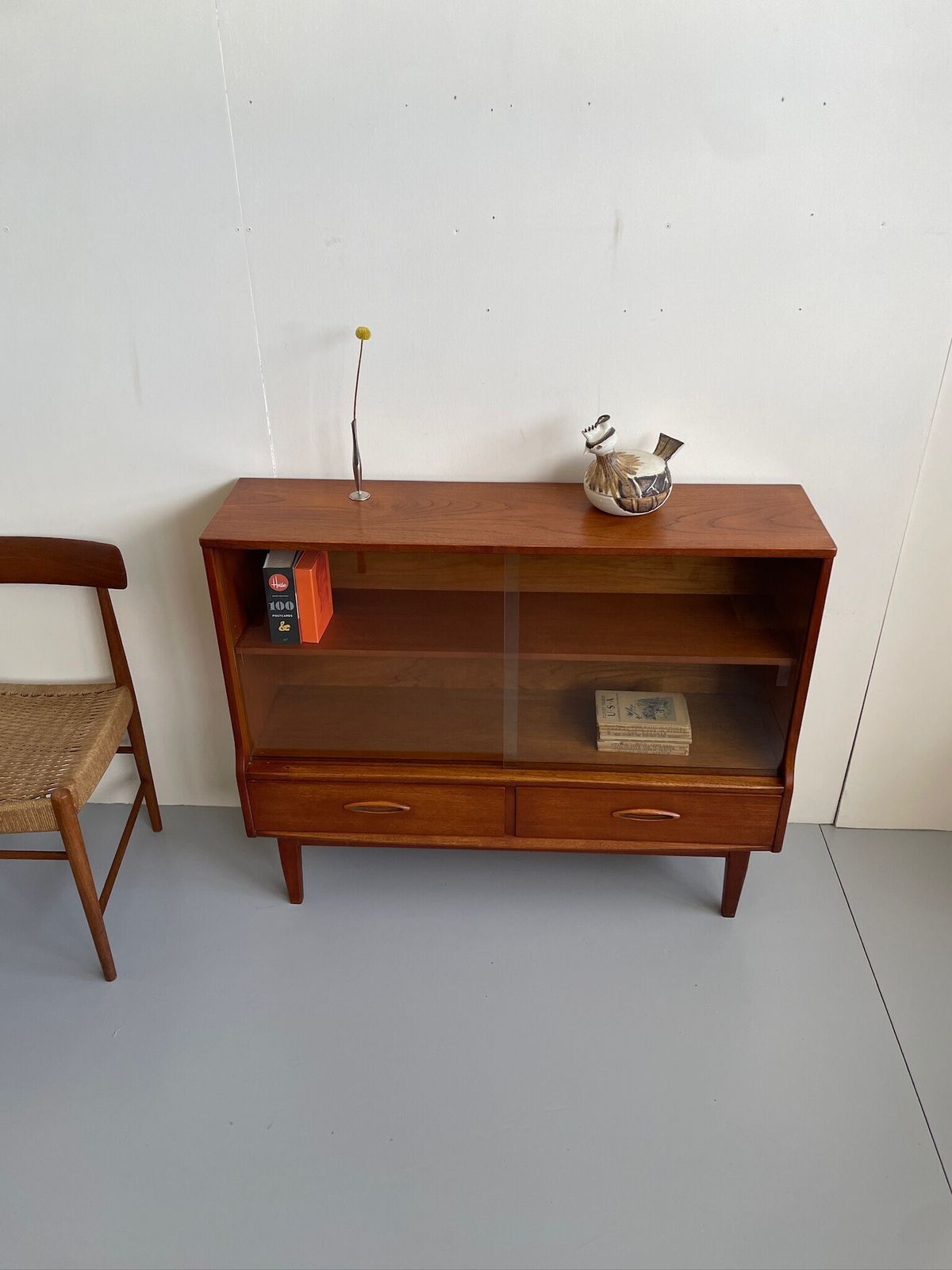 Vintage Jentique Mid Century Bookcase Display Cabinet Glass Doors And Drawers photo for sale
