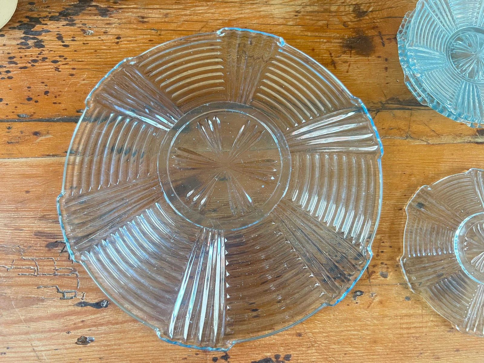 photo for sale Vintage Ice Blue Art Deco Depression Glass Set – Large Scalloped Serving Plate & Matching Small Plates – Mid Century Ribbed Sunburst Platter