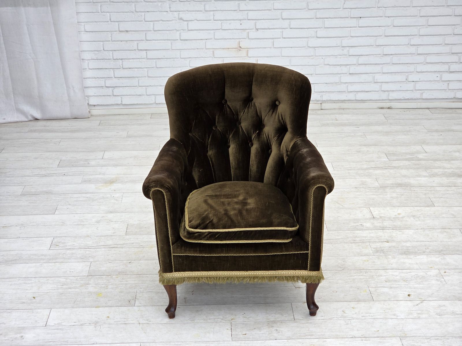 1950s, Scandinavian Armchair, Green Furniture Velour, Ash Wood. photo furniture