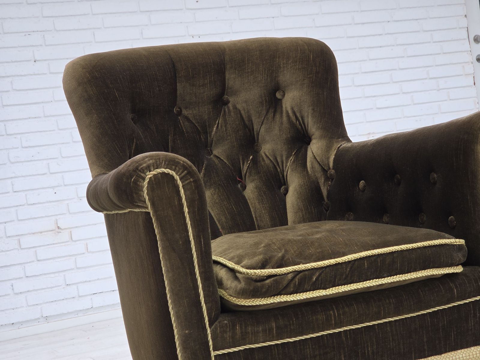 1950s, Scandinavian Armchair, Green Furniture Velour, Ash Wood. photo for sale