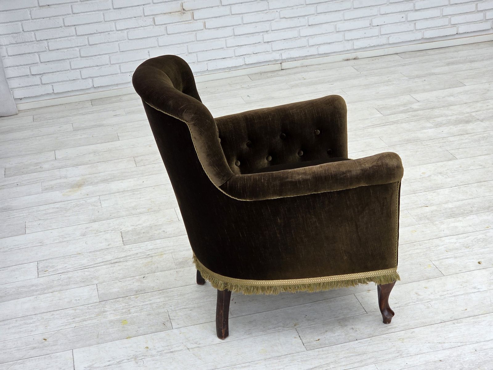 photo furniture 1950s, Scandinavian Armchair, Green Furniture Velour, Ash Wood.