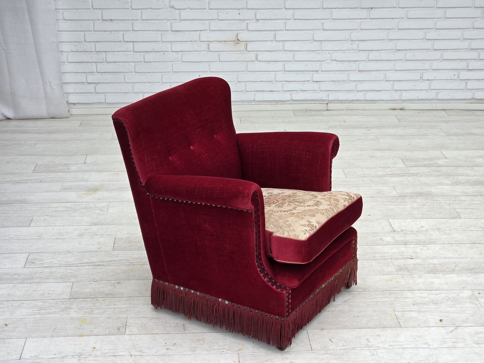 1970s, Danish Armchair, Red Furniture Velour, Ash Wood. photo for sale