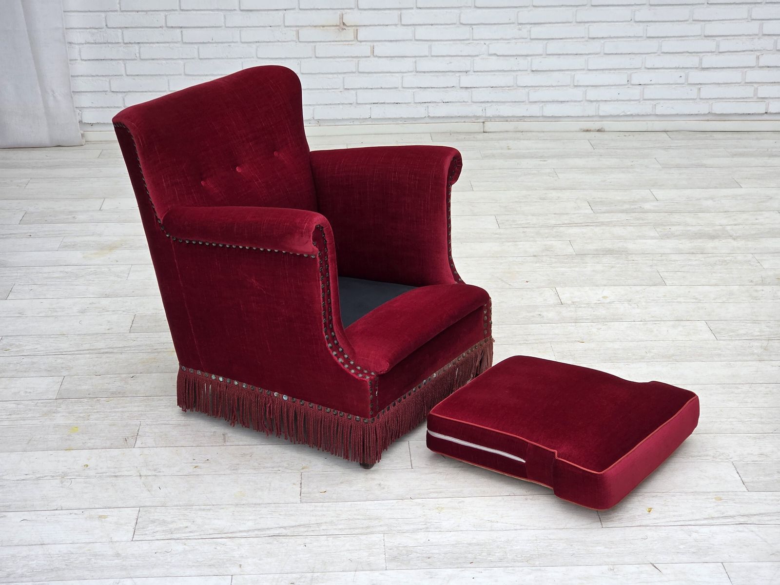 1970s, Danish Armchair, Red Furniture Velour, Ash Wood. photo buy
