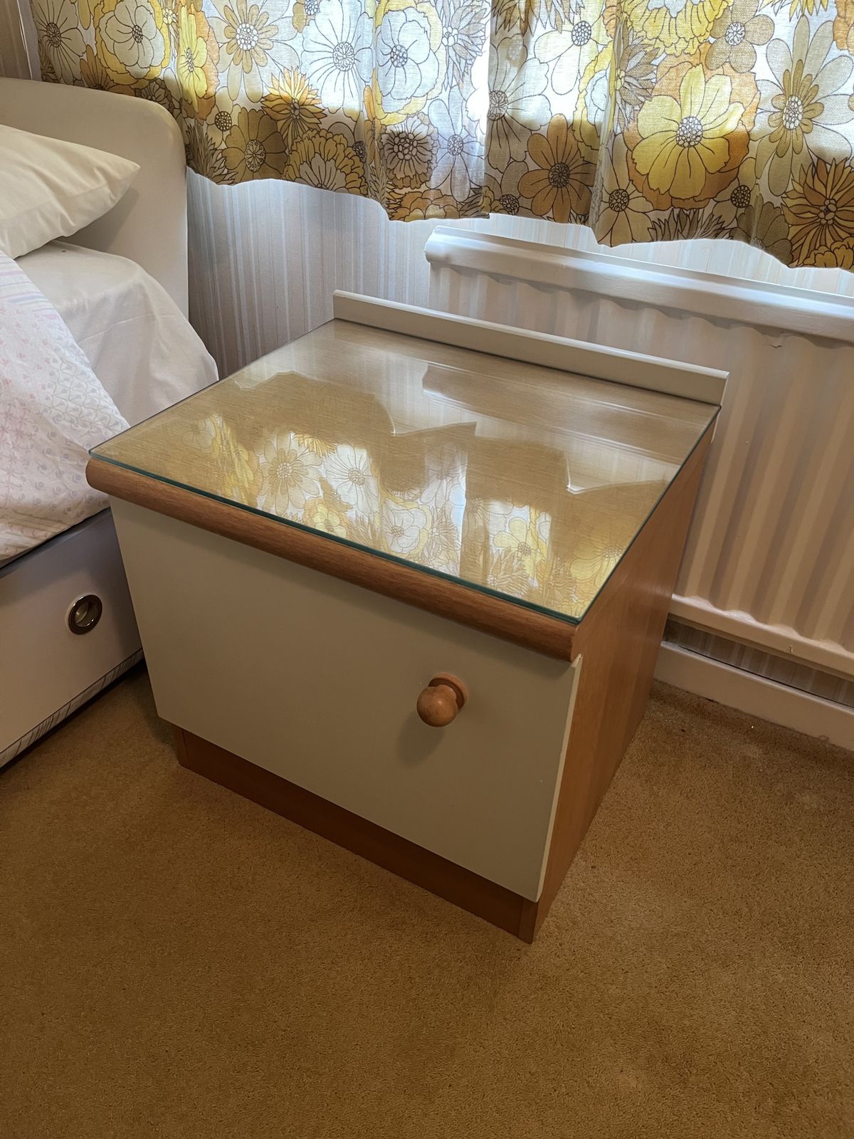 Stag Cantata White & Teak Bedside Cabinet, 1970s, John & Sylvia Reid, Mid Century Modern, Original Label