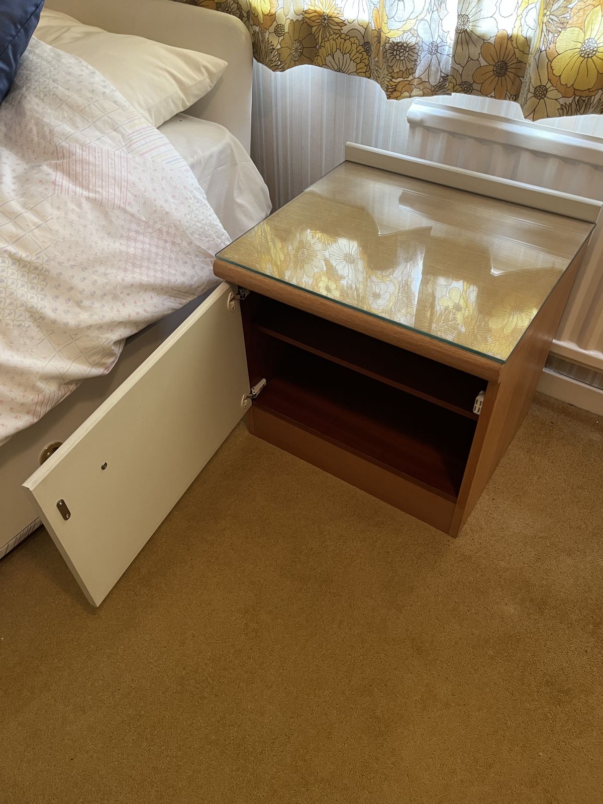Stag Cantata White & Teak Bedside Cabinet, 1970s, John & Sylvia Reid, Mid Century Modern, Original Label photo furniture