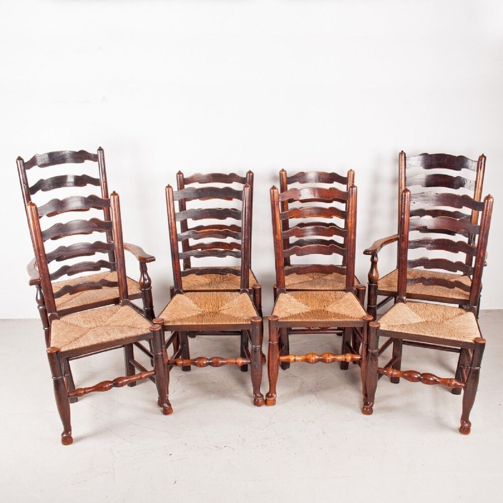 Set Of 8 (6+2) 19thc Farmhouse Rush Seated Ladderback Chairs
