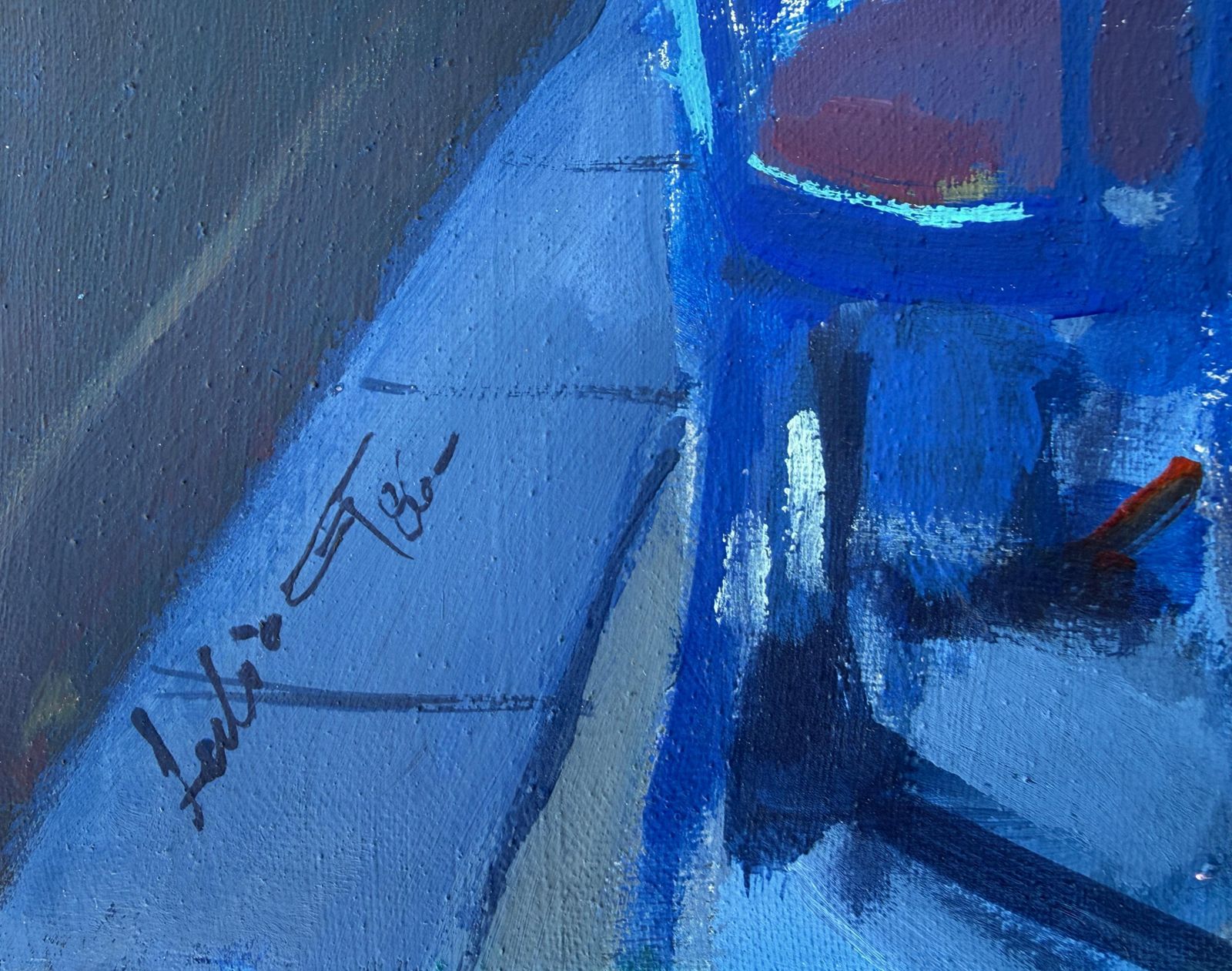 Julio García Iglesias Modern Café Interior With Figures, Atmospheric Blue Figurative Oil Painting 1986 photo furniture