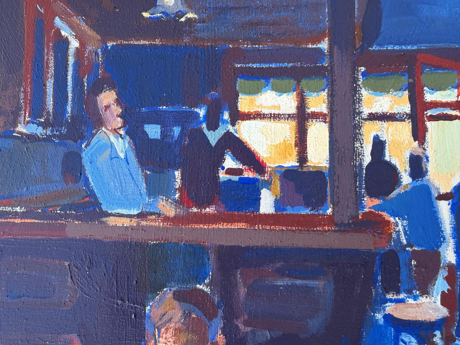 Julio García Iglesias Modern Café Interior With Figures, Atmospheric Blue Figurative Oil Painting 1986 photo Art