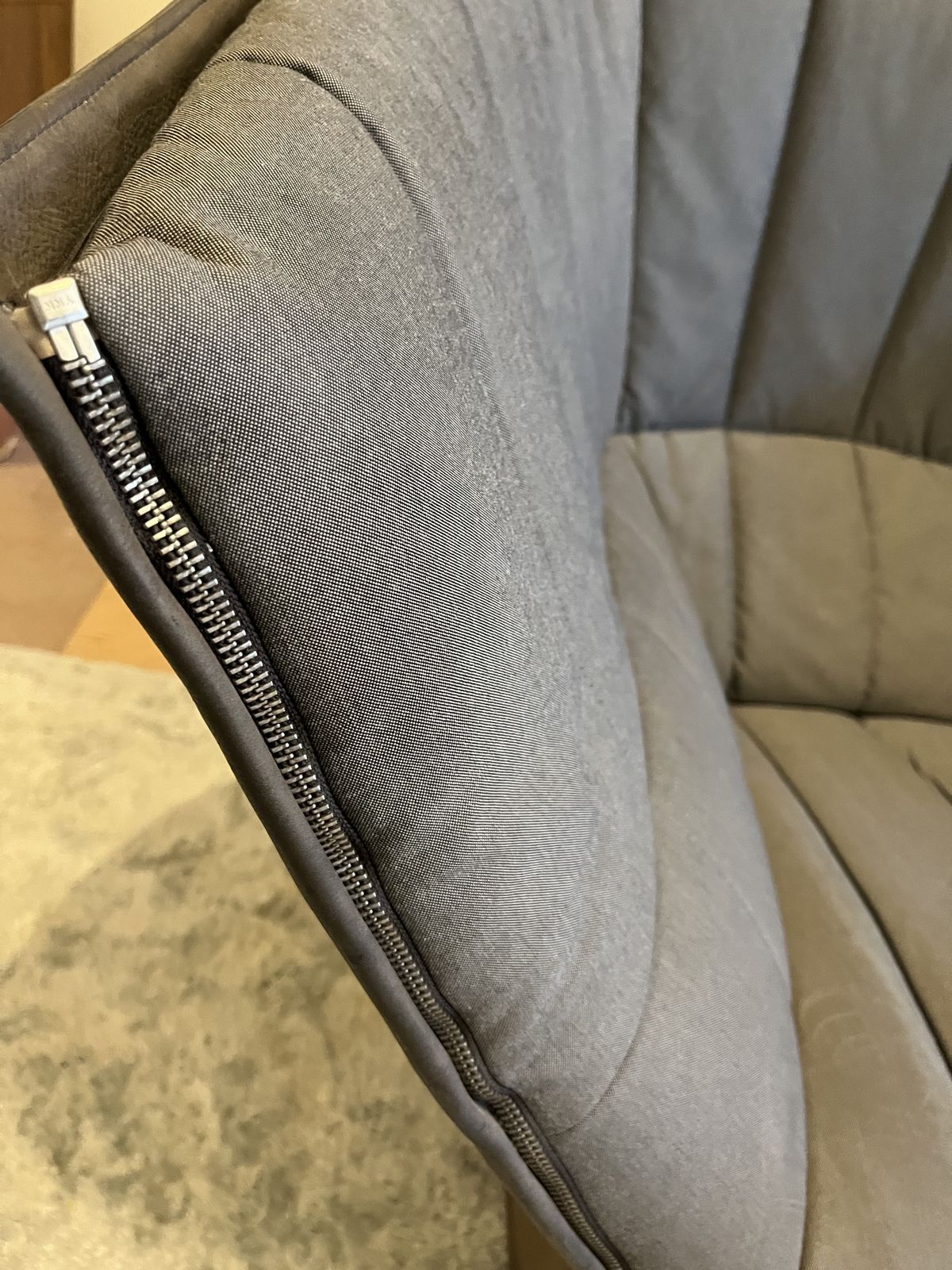 photo furniture Ligne Roset Moël Armchair By Inga Sempé – Grey Fabric & Leather With 2 Cushions