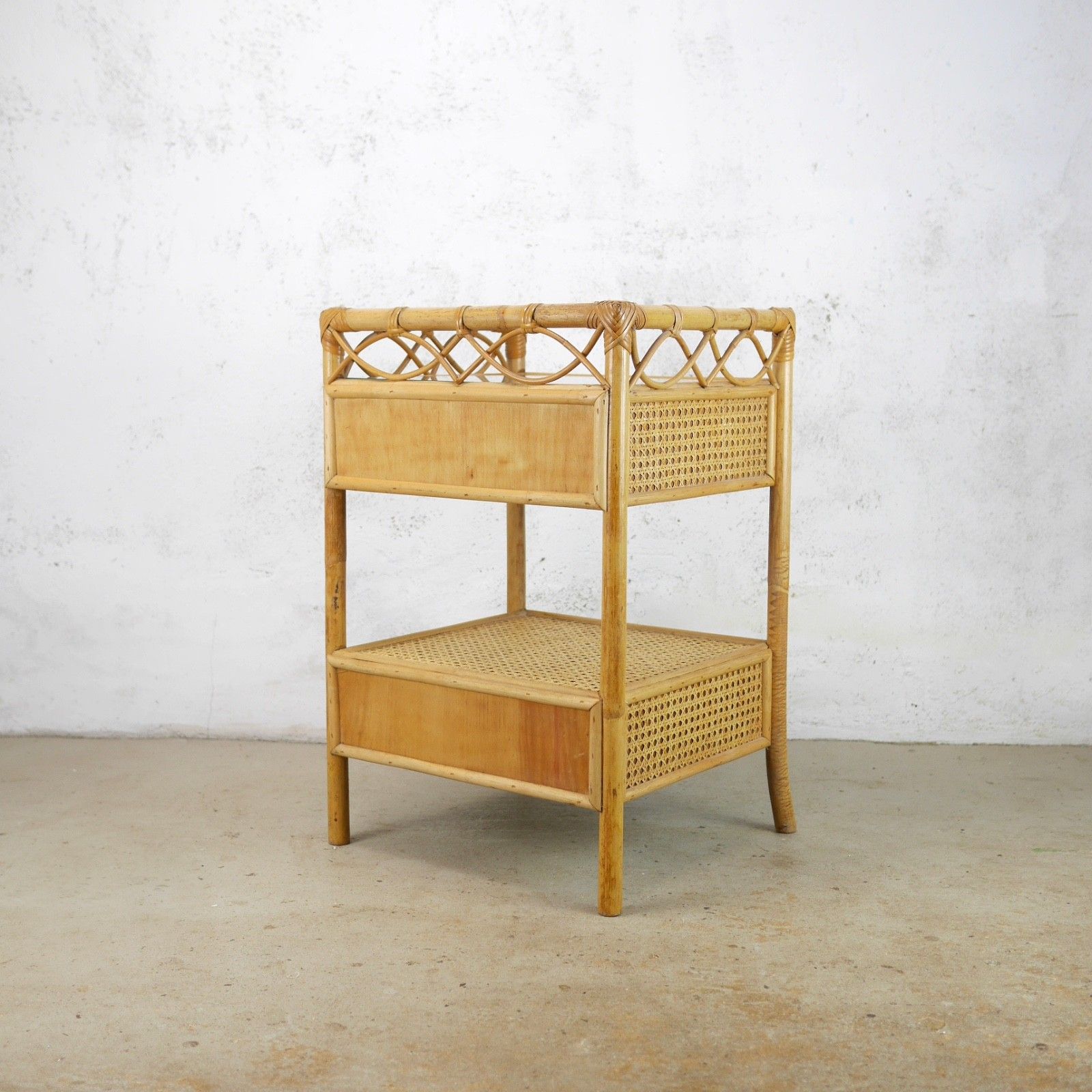 Pair Vintage Mid Century Bamboo Rattan Bedside Tables Drawers Angraves #103130 photo vintage
