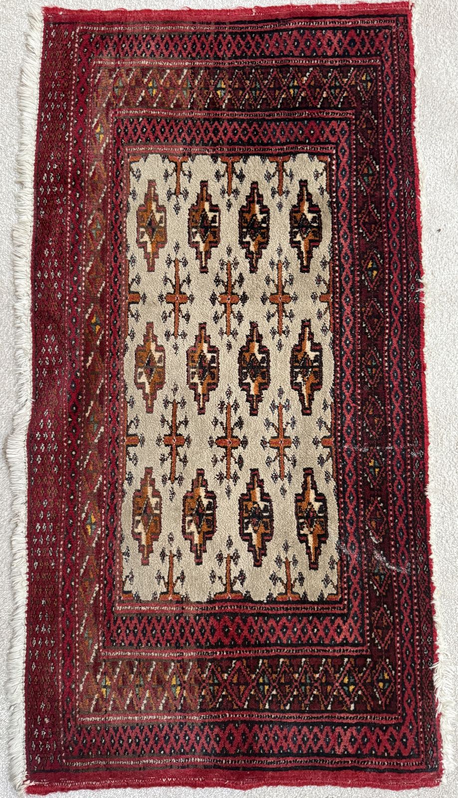Vintage Bokhara Style Hand Knotted Wool Rug, Ivory Field & Red Gul Motifs, 42 × 83 Cm photo for sale