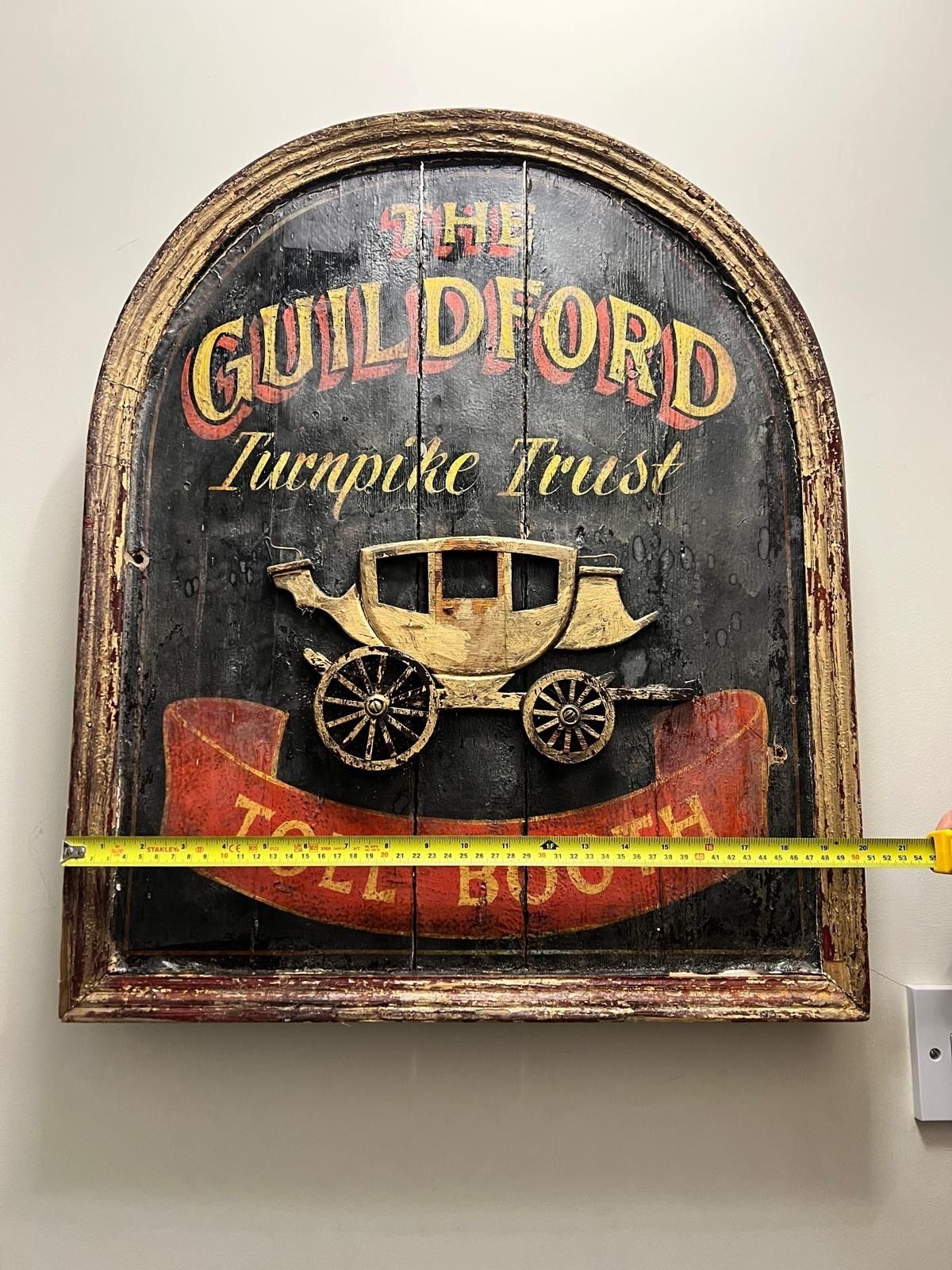 Early 20th Century Wooden Turnpike Trust Sign – Guildford Toll Booth – Carved Stagecoach” photo vinterior