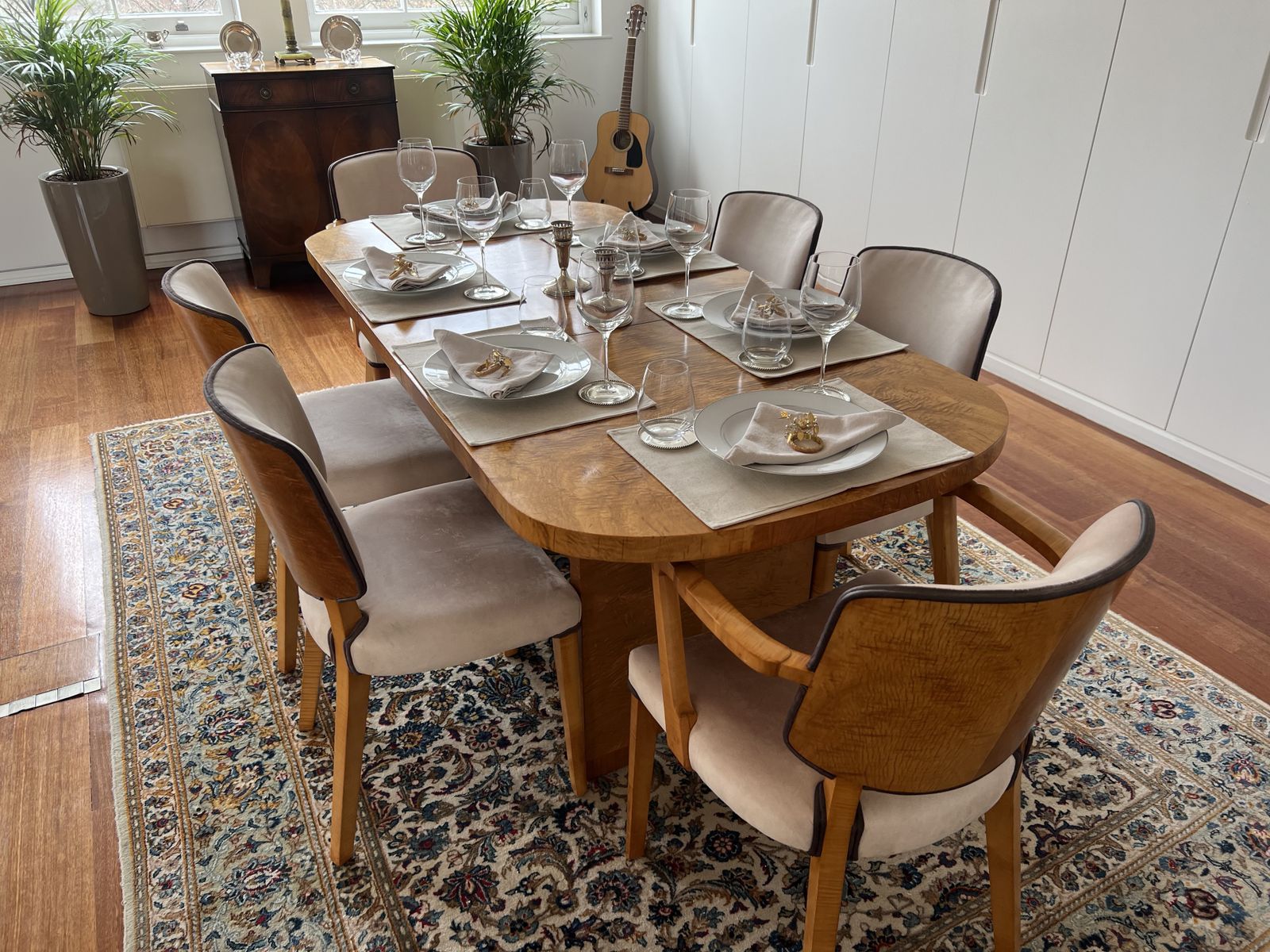 4 6 Seat Dining Table And Chairs   Art Deco, English, Satinwood