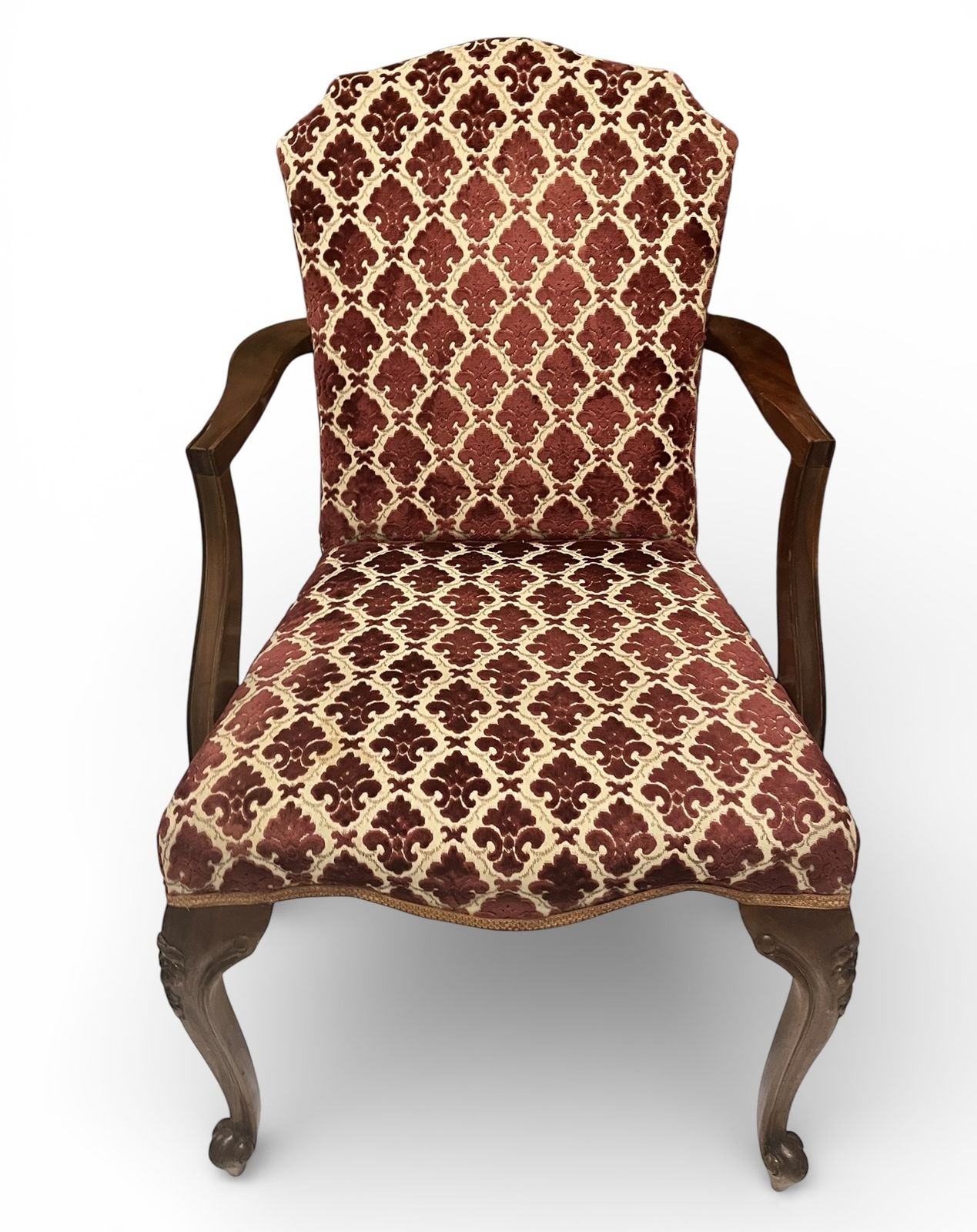 Antique Upholstered Armchair 93cm High 57cm Wide Red Pattern Fabric Wooden Frame photo furniture