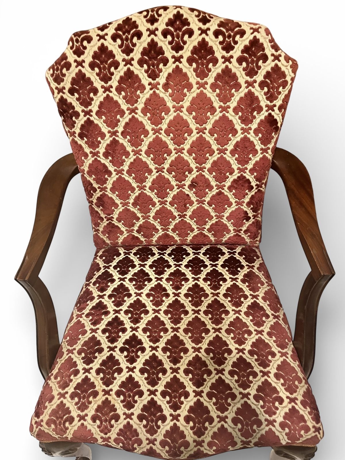 Antique Upholstered Armchair 93cm High 57cm Wide Red Pattern Fabric Wooden Frame photo for sale