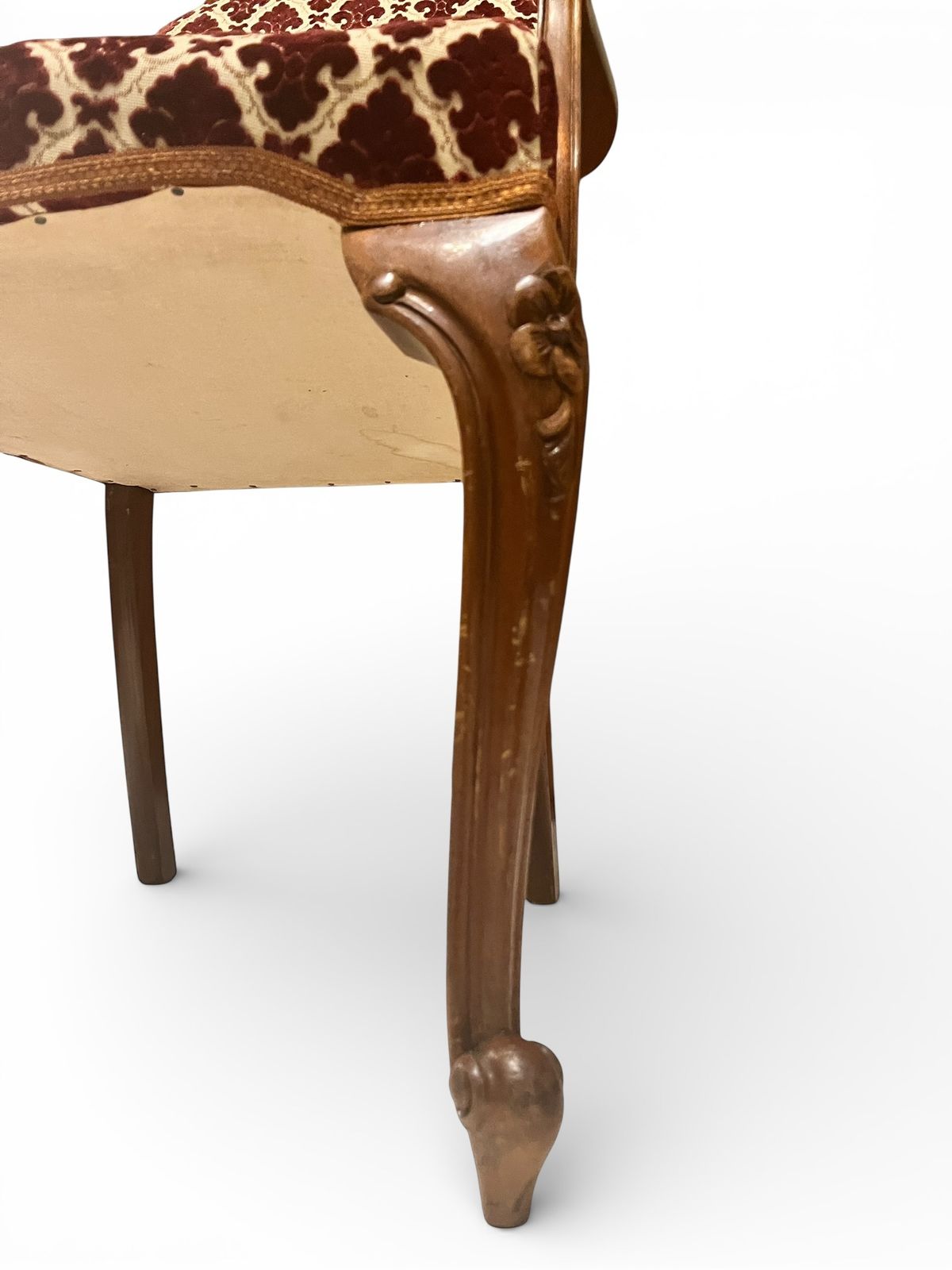 photo vinterior Antique Upholstered Armchair 93cm High 57cm Wide Red Pattern Fabric Wooden Frame
