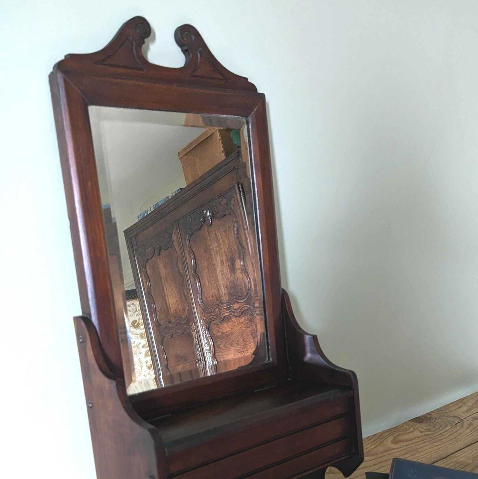 An Antique English Oak Wall Mirror With Shelf And Hanging Rail Bathroom Mirror C1900. photo Home Decor