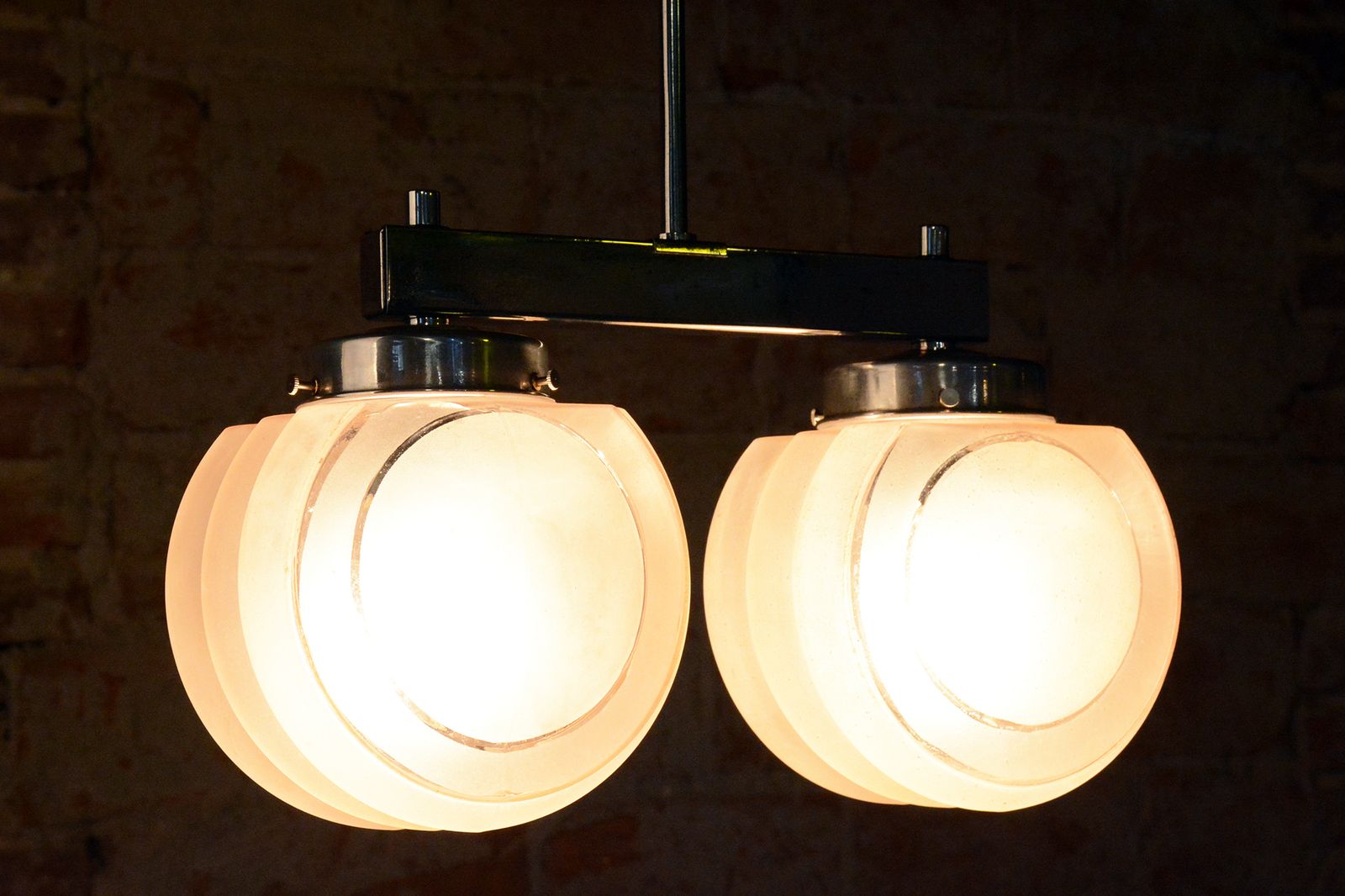 Restored Art Deco Chandelier, Chrome Plated Steel, Opaline Glass, Czech, 1930s photo vintage